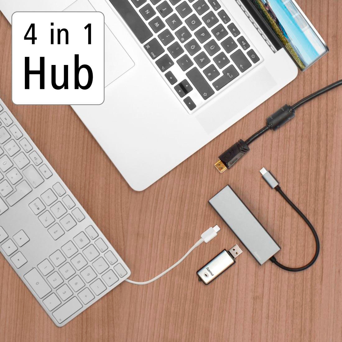Hama USB-Adapter »USB-C Multiport Hub für Laptop mit 4 Ports, USB-A, USB-C, HDMI« USB-C zu HDMI | USB Typ A | USB-C 15 cm Laptop Dockingstation, kompakt, robustes Gehäuse, silberfarben
