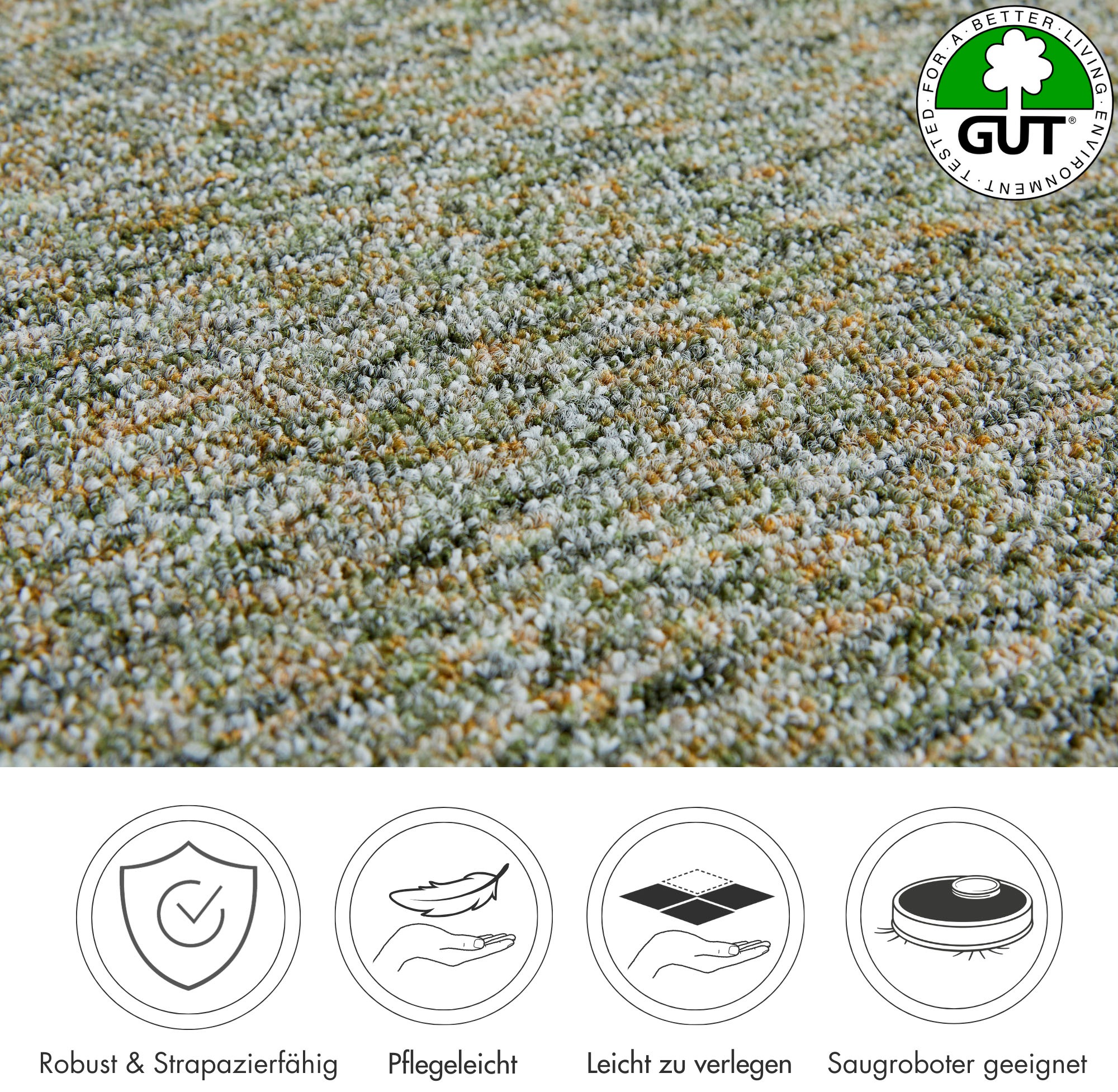 Teppichboden ANDIAMO "Gambia, Feinschlinge, Gesamthöhe 7,2 mm, Made in Belgium", grün, B:400cm L:500cm, Kunstfaser, Teppiche, meliert, Breite 400 cm oder 500 cm, strapazierfähig, pflegeleicht 3