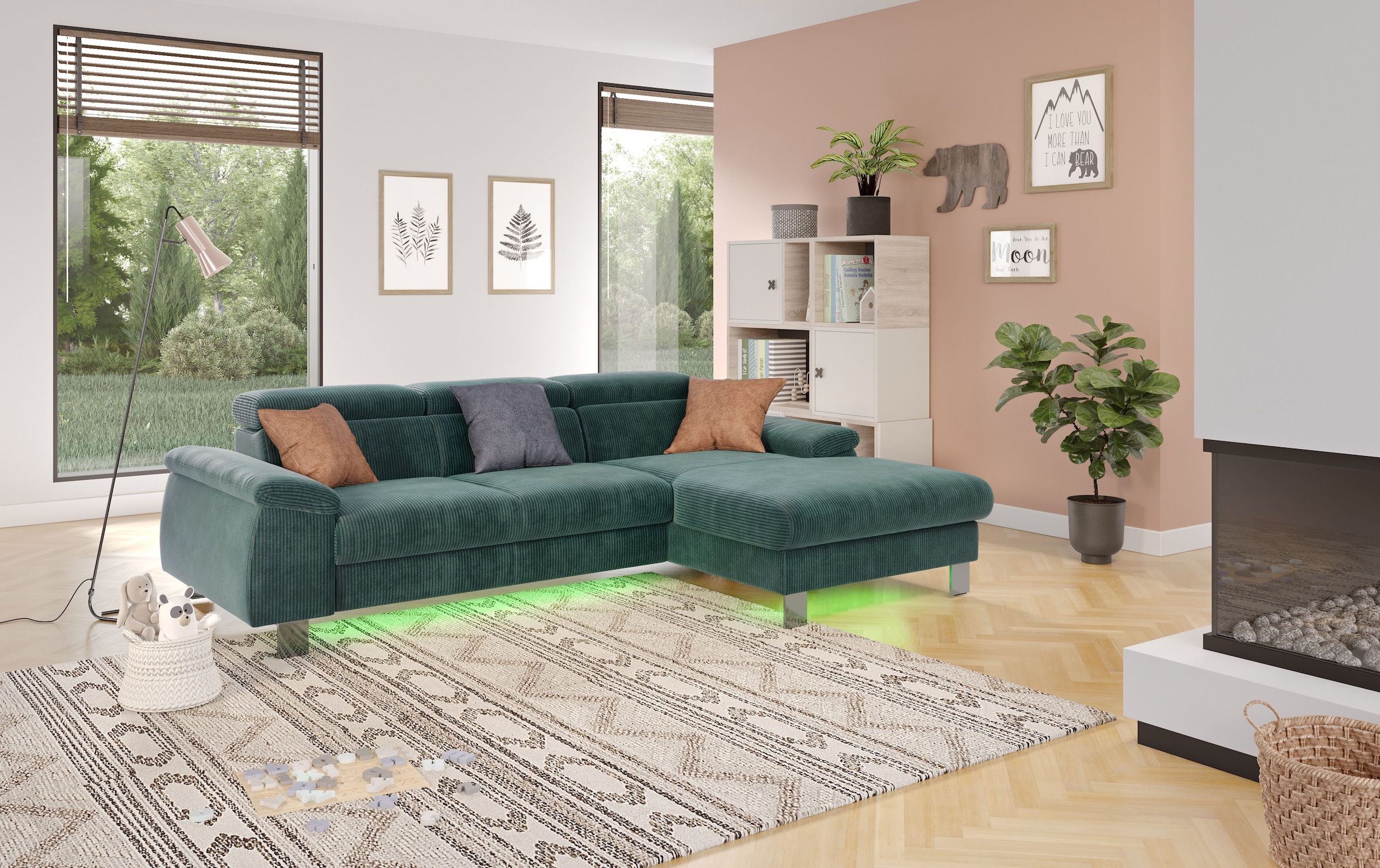 COTTA Ecksofa Komaris, Ecksofa, wahlweise mit RGB-LED-Beleuchtung und Bettfunktion/Bettkasten