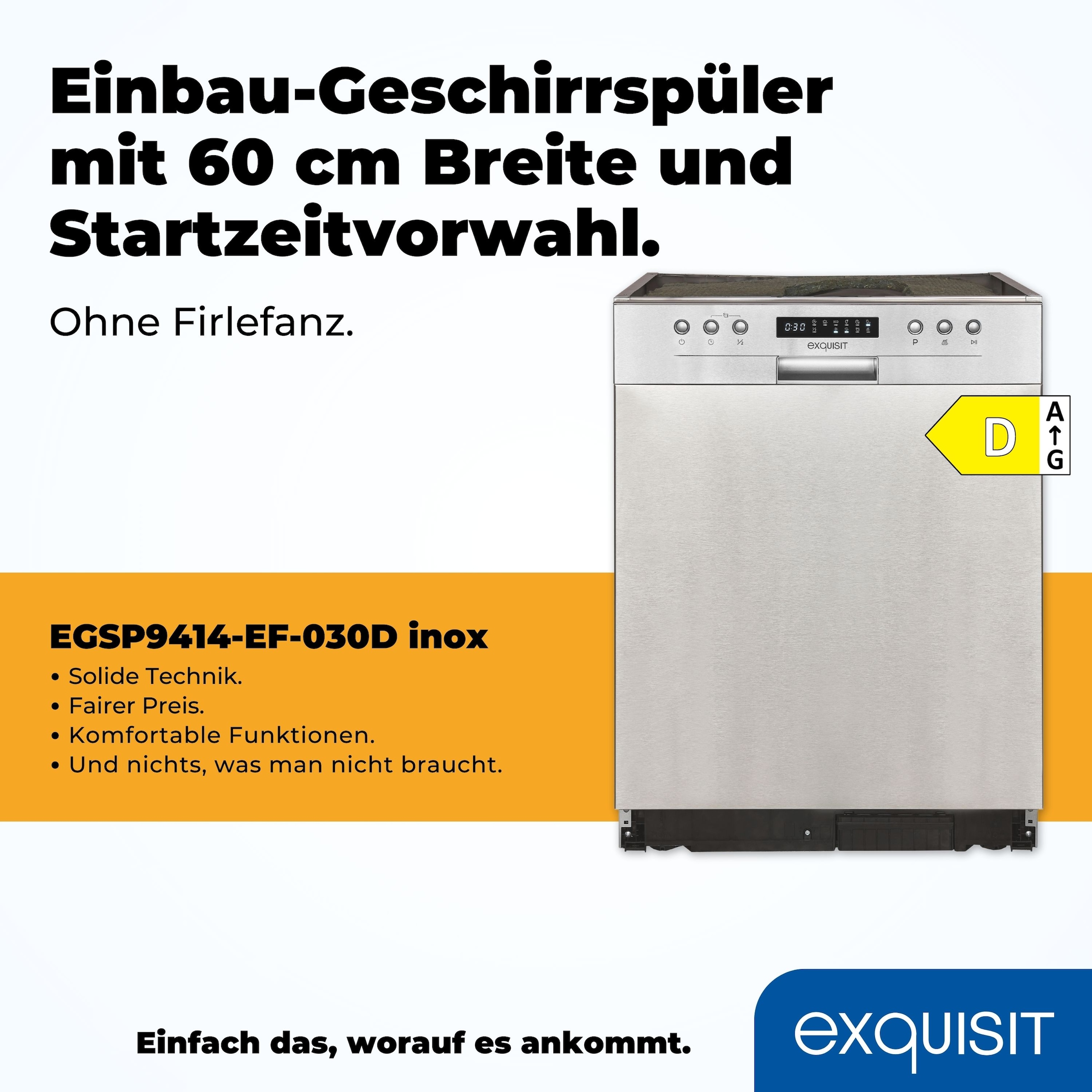 exquisit teilintegrierbarer Geschirrspüler »EGSP9414-EF-030D inox«, 14 Maßgedecke