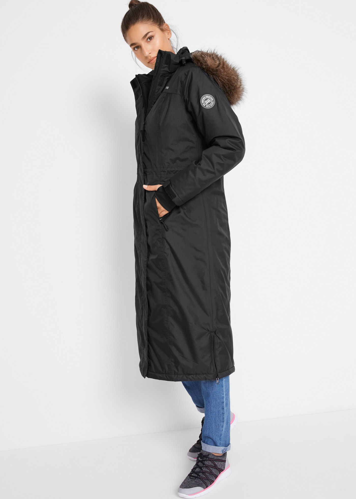 bonprix Wintermantel mit abnehmbarer Kapuze + Fellimitat, Daumenlöcher, Handy-Innentasche