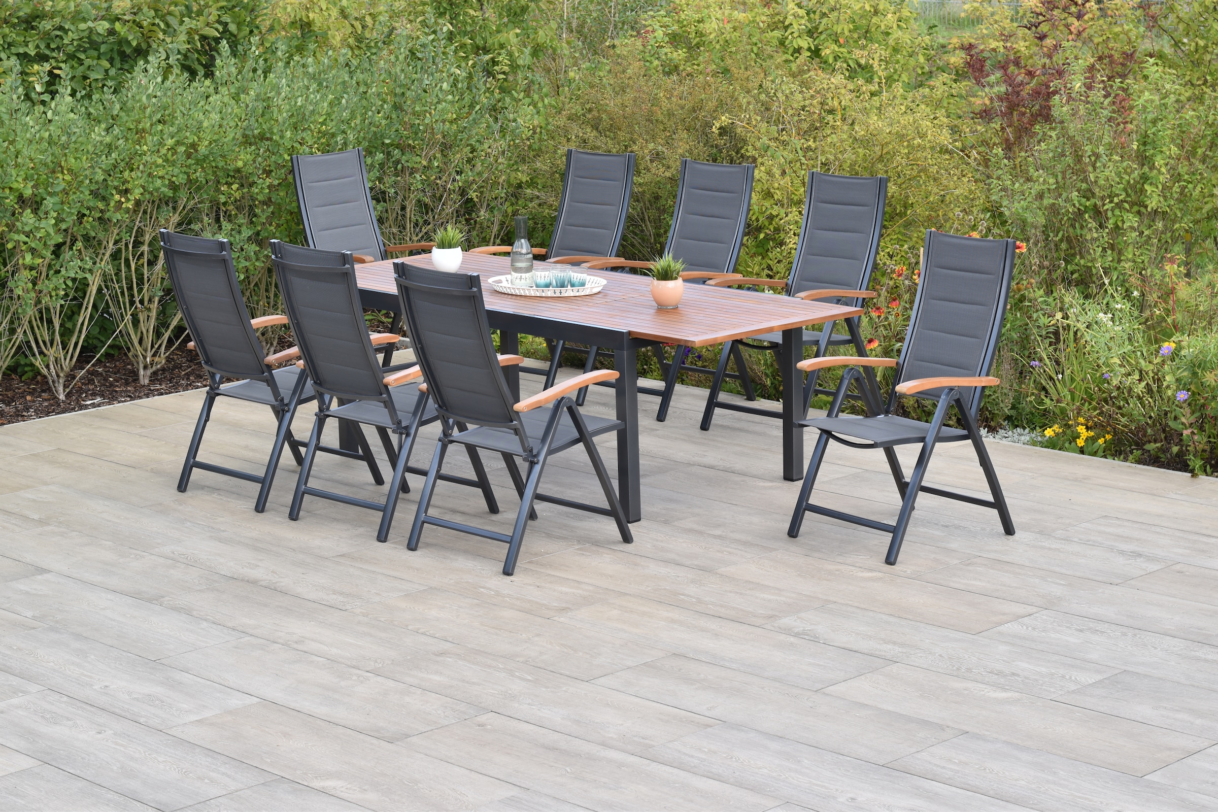 MERXX Garten-Essgruppe »»Paxos««, (Set, 9 tlg., 5-fach verstellbare Rückenlehne, gepolsterte Sitz- und Rückenfläche), Ausziehtisch: LxB: 180-250 x 100 cm