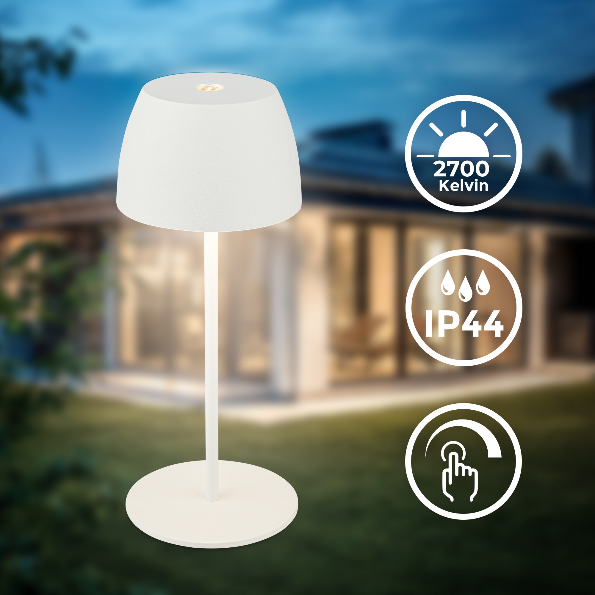 B.K.Licht Außen-Tischleuchte »BK_TL1605 Mini Akku LED Tischlampe, Touchdimmer, mit USB-C«, 1 flammig, Leuchtmittel LED-Modul | LED fest integriert, 2.700 K, 150 Lm, 2,5W, IP44, Akku wechselbar, 4h-24h Leuchtdauer, Weiß