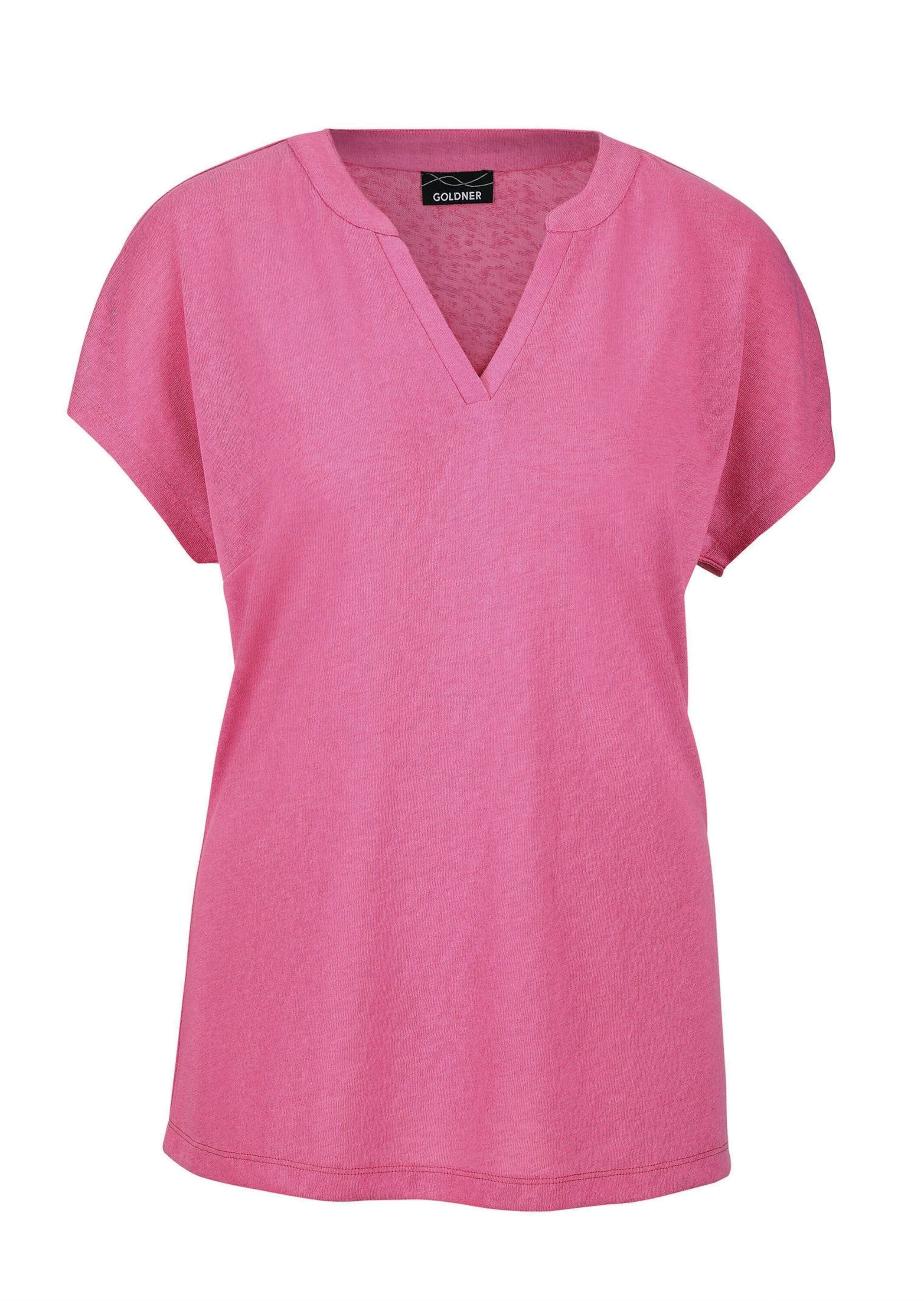 Kurzarmshirt GOLDNER "Luftiges Basicshirt mit V-Ausschnitt", Damen, Gr. 42, pink, Obermaterial: 80% Polyester PES. 20% Viskose CV., Basic, Gerade, Shirts, Flammen-Optik