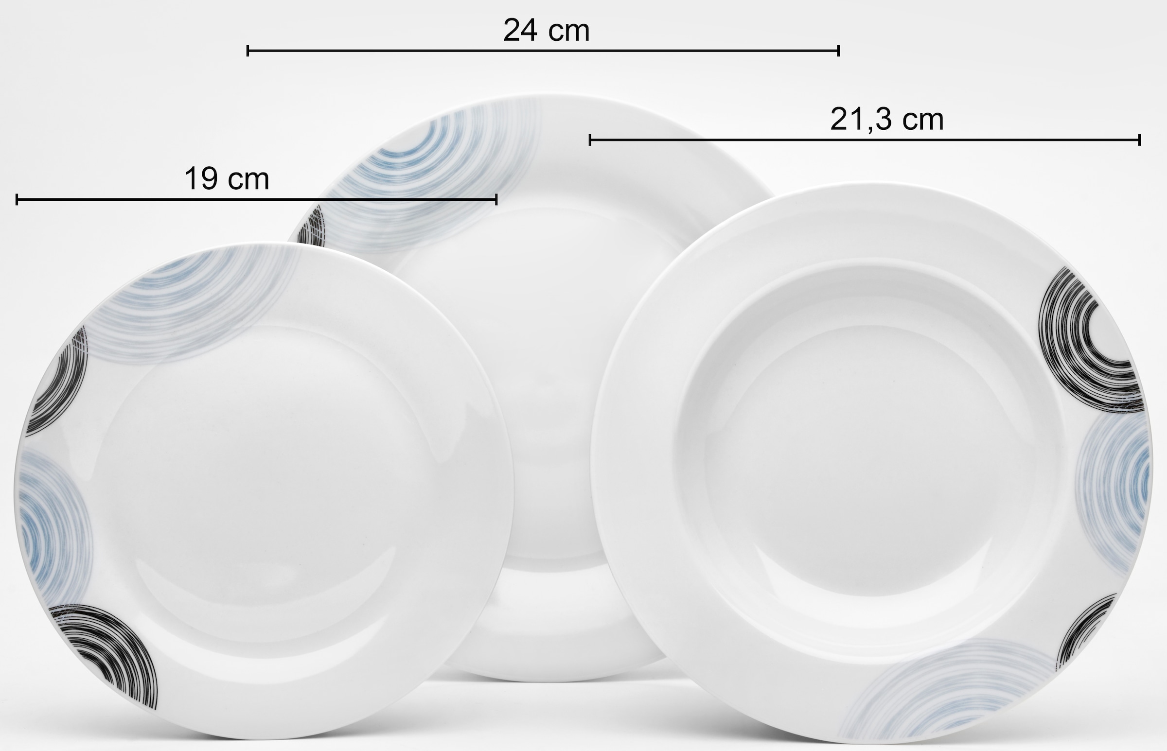 van Well Kombiservice »Geschirr-Set Lima, 16-teilig, rund«, (Set, 16 tlg.), weiß mit Dekor in blau/schwarz, spülmaschinen- und mikrowellengeeignet