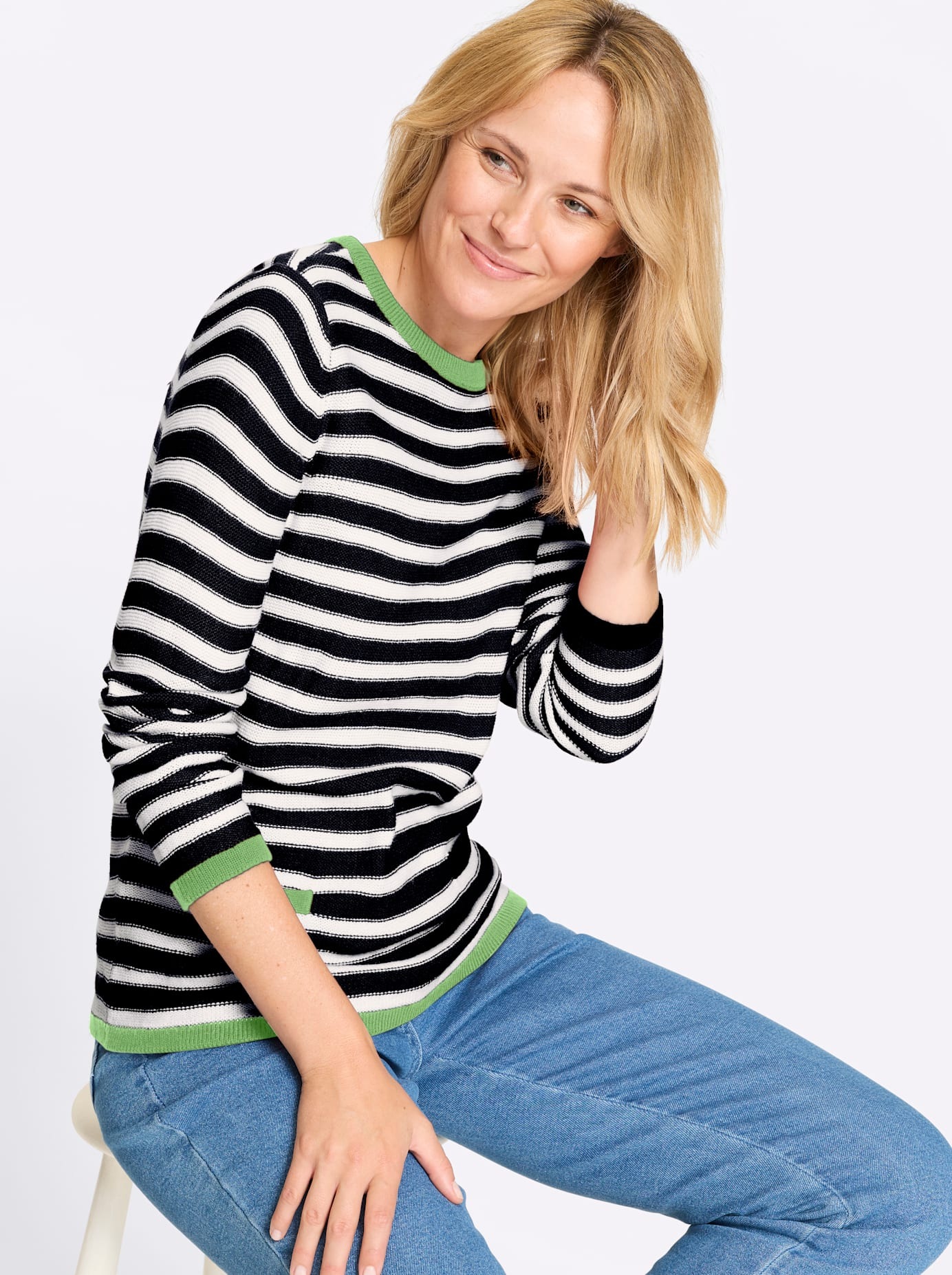 Rundhalspullover CLASSIC BASICS "Pullover", Damen, Gr. 42, marine, weiß, geringelt, 100% Polyacryl, gemustert, gestreift, Pullover Rundhalspullover 3