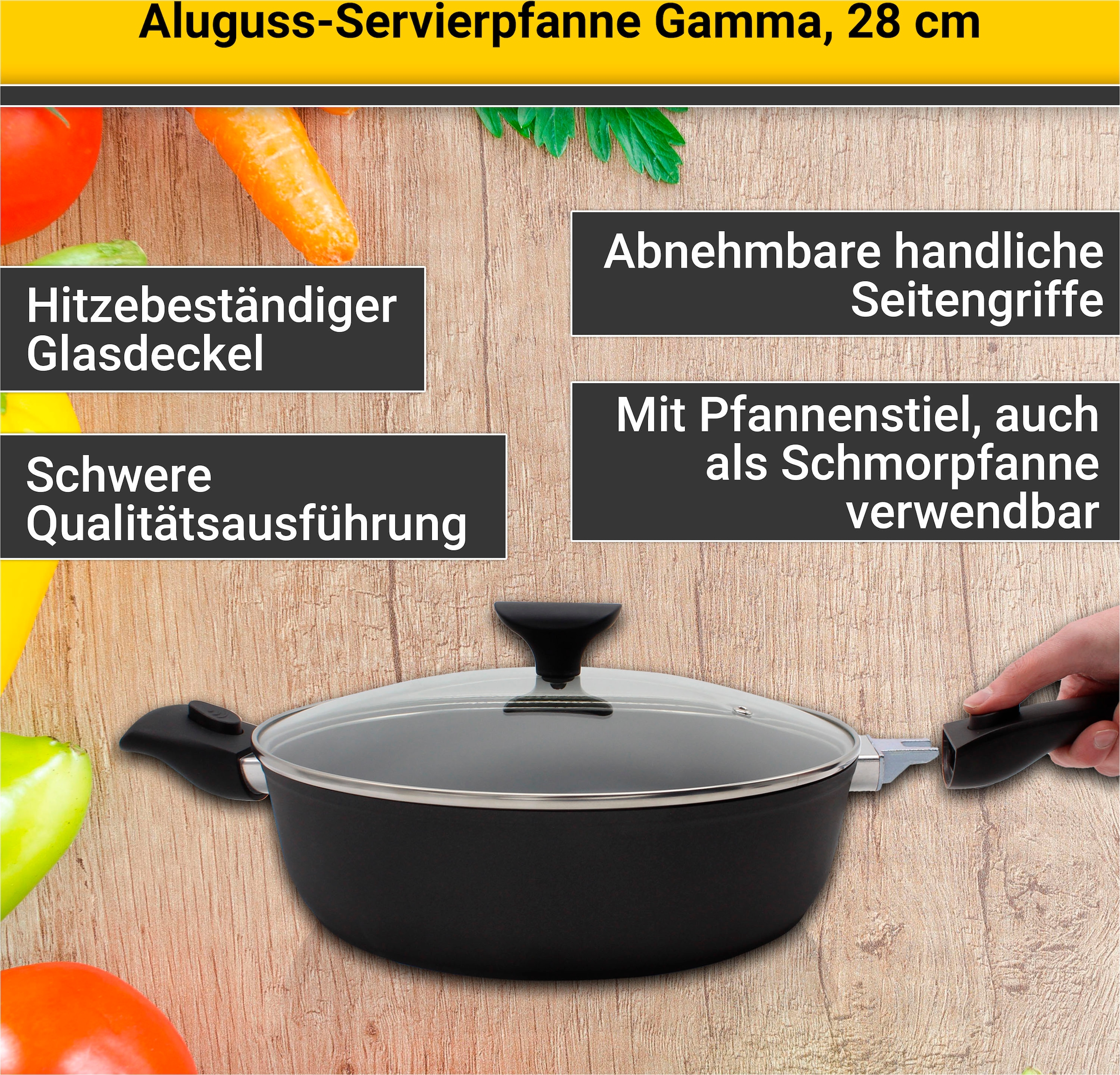 Krüger Servierpfanne »Aluguss Pfanne GAMMA mit Glasdeckel, 28 cm, mit abnehmbaren Griffen«, Aluminiumguss, für Induktions-Kochfelder geeignet, auch als Schmorpfanne verwendbar