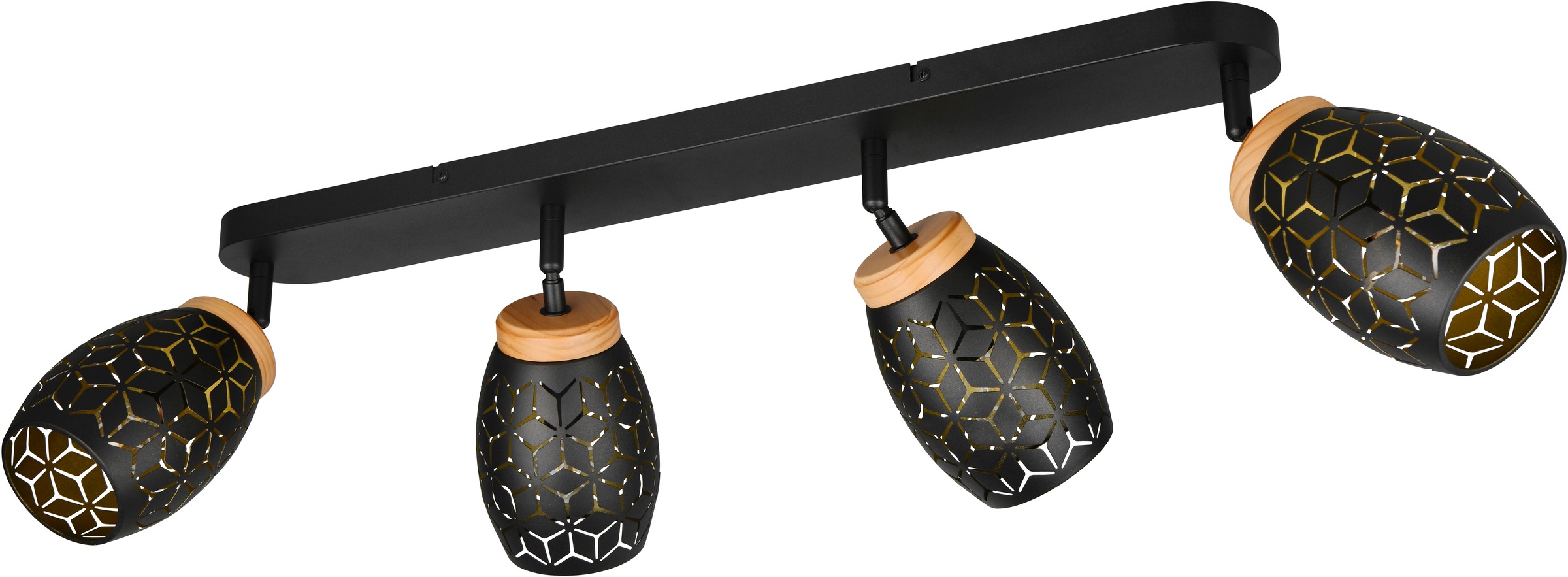 REALITY Leuchten Deckenstrahler »BIDAR 4-flammig, exkl 4x E14 max 10W, Deckenlampe Spots verstellbar«, 4 flammig, Leuchtmittel E14 | Leuchtmittel wechselbar, Metall-Lampenschirm mit Lasercut Muster und Holz-Dekoelementen