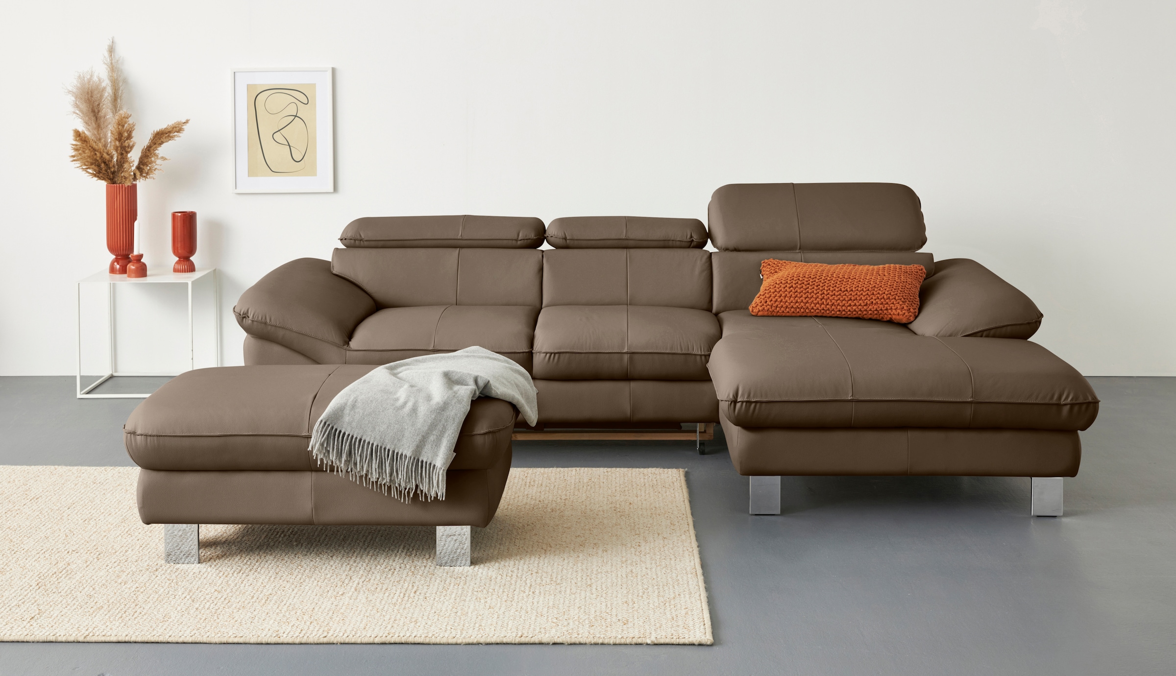 COTTA Ecksofa "Driver L-Form, B: 268 cm, moderne Couch mit Wellenunterfederung, Leder" Kopfteilverstellung, opt. Schlaffunktion + XL Bettkasten, LF:191x129cm