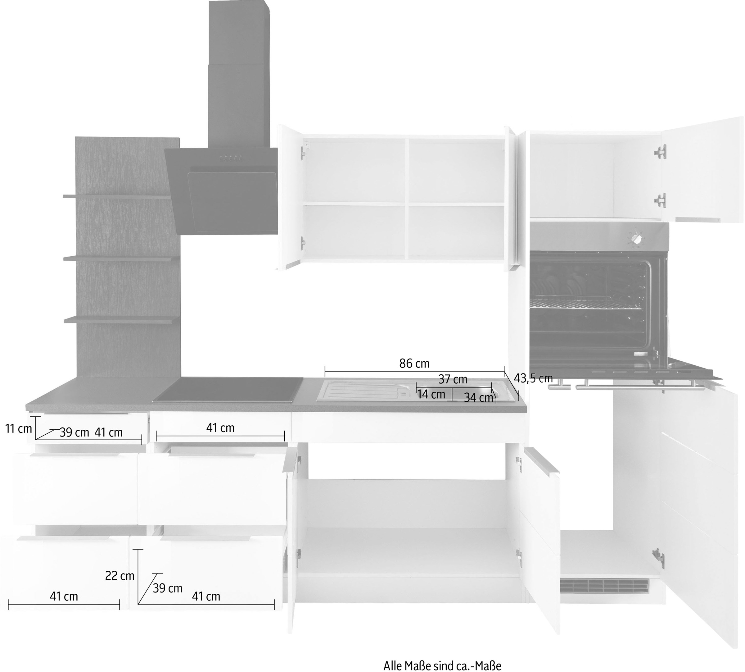 KOCHSTATION Küchenzeile »KS-Brindisi Breite 270 cm«, wahlweise mit E-Geräten und Induktion, mit MDF-Fronten und Regal