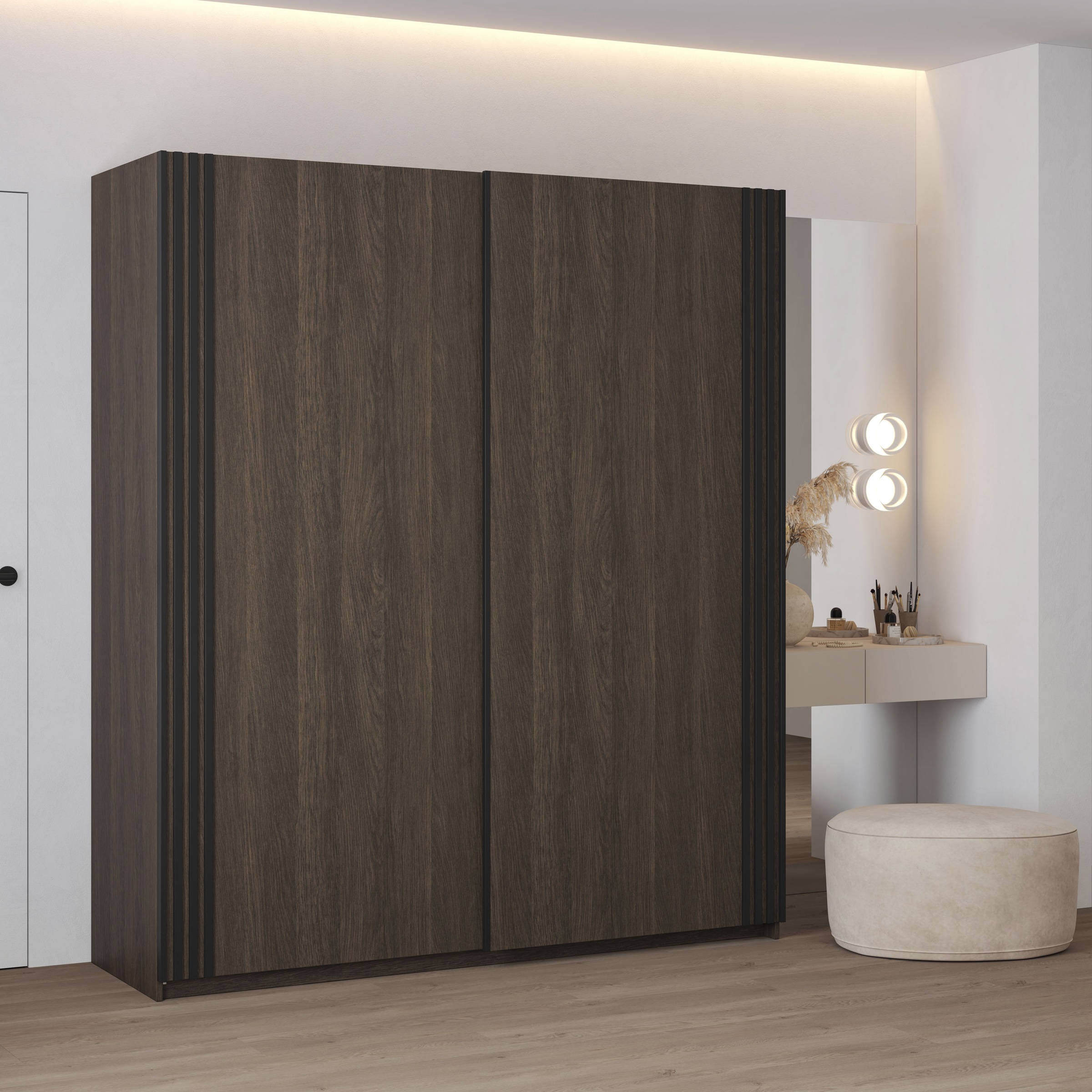 Home affaire Schwebetürenschrank »Niva, Garderobenschrank incl.kompletter Innenausstattung«, Moderner Kleiderschrank, Schiebetürenschrank, Lamellen, Wäscheschrank