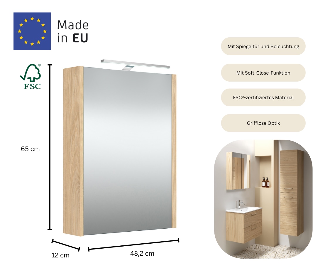 welltime Spiegelschrank »Scandic«, verspiegelt, mit Soft-Close-Funktion, verschiedene Breiten, FSC®