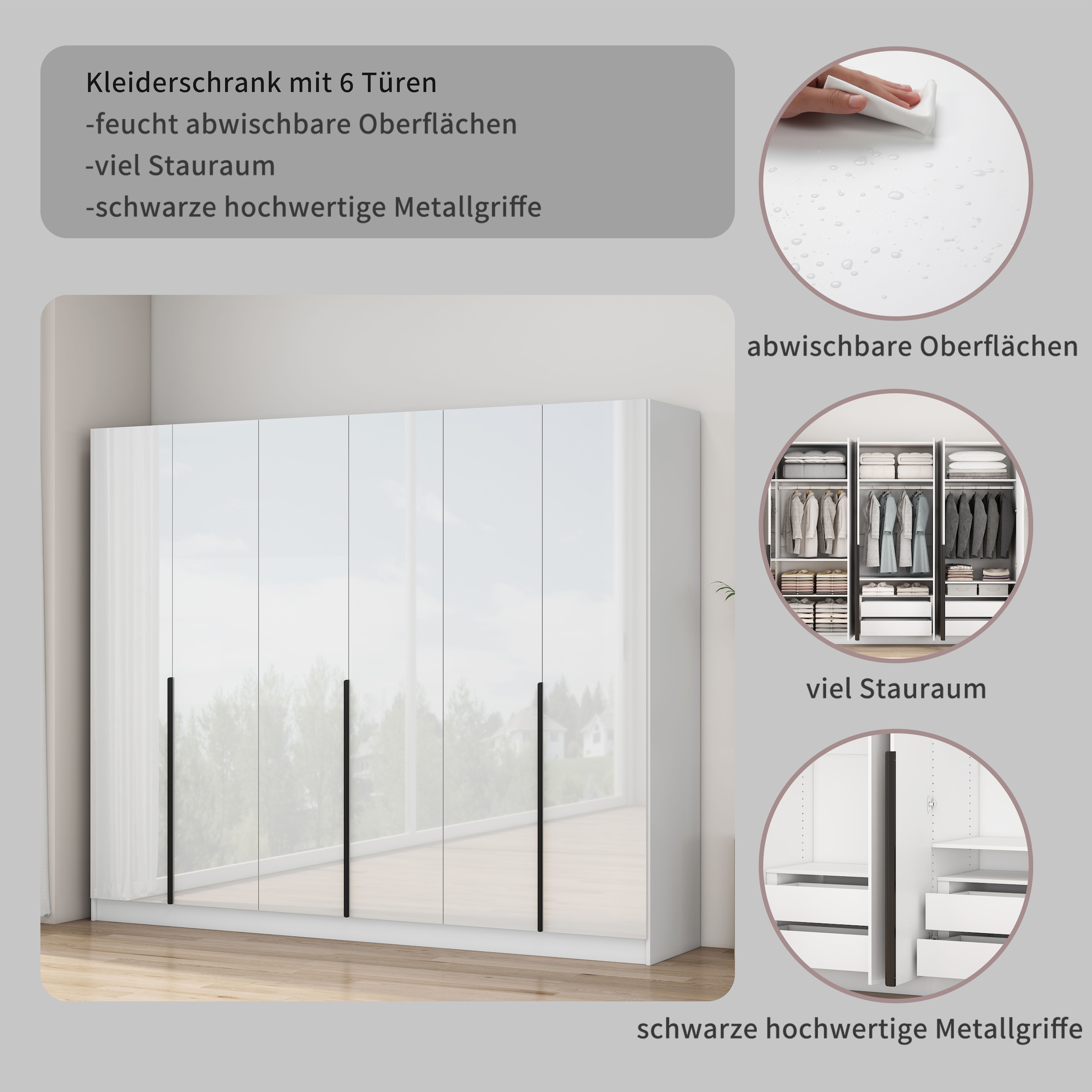 OTTO home Kleiderschrank »Annor Schlafzimmerschrank Breite 242cm hochglanz Schrank Garderobe« Drehtürenschrank mit perfekter Innenausstattung - elegante Türgriffe