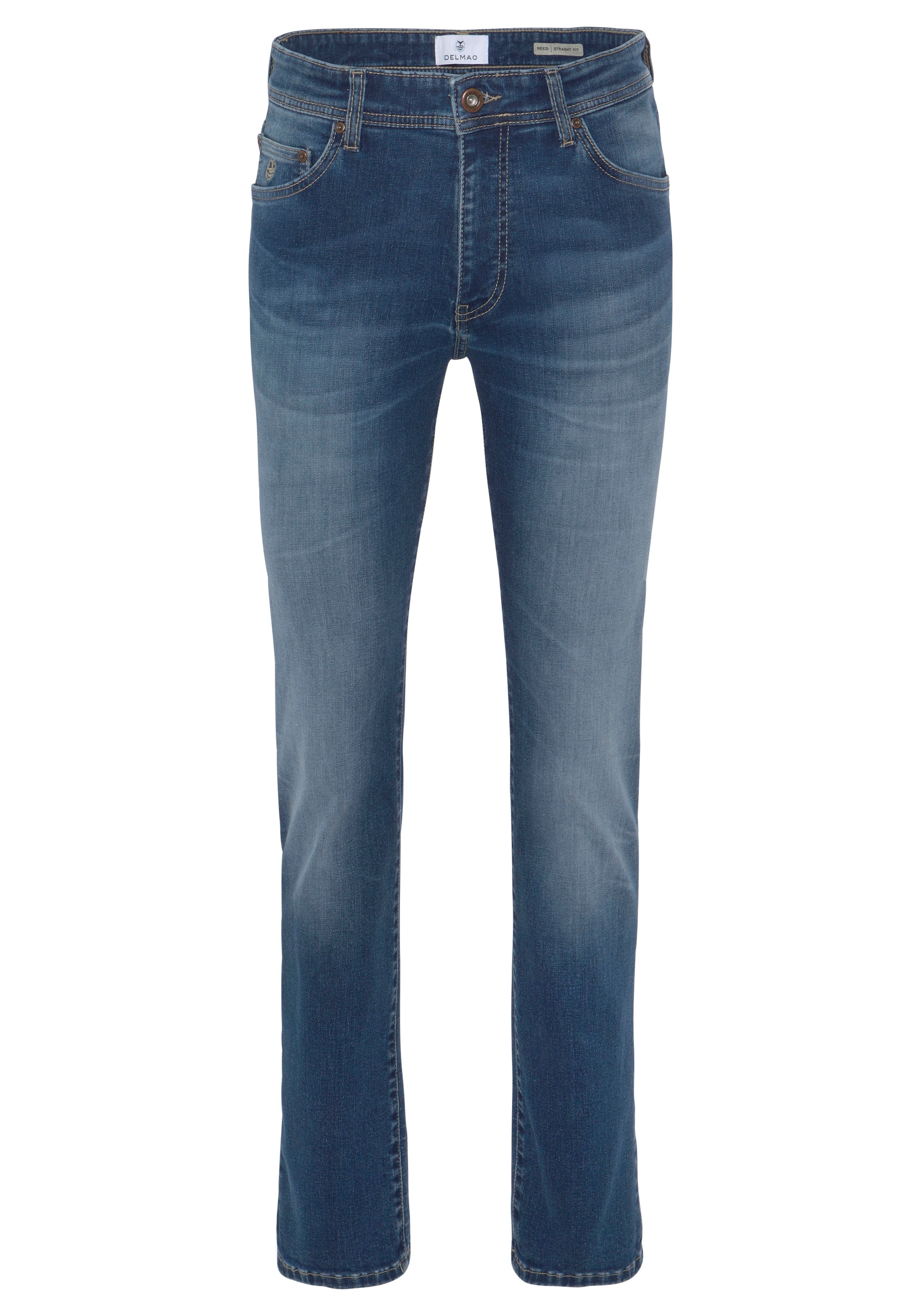 DELMAO Stretch-Jeans »"Reed"«, gerader Beinschnitt, Used-Look-Waschung, niedrige Leibhöhe