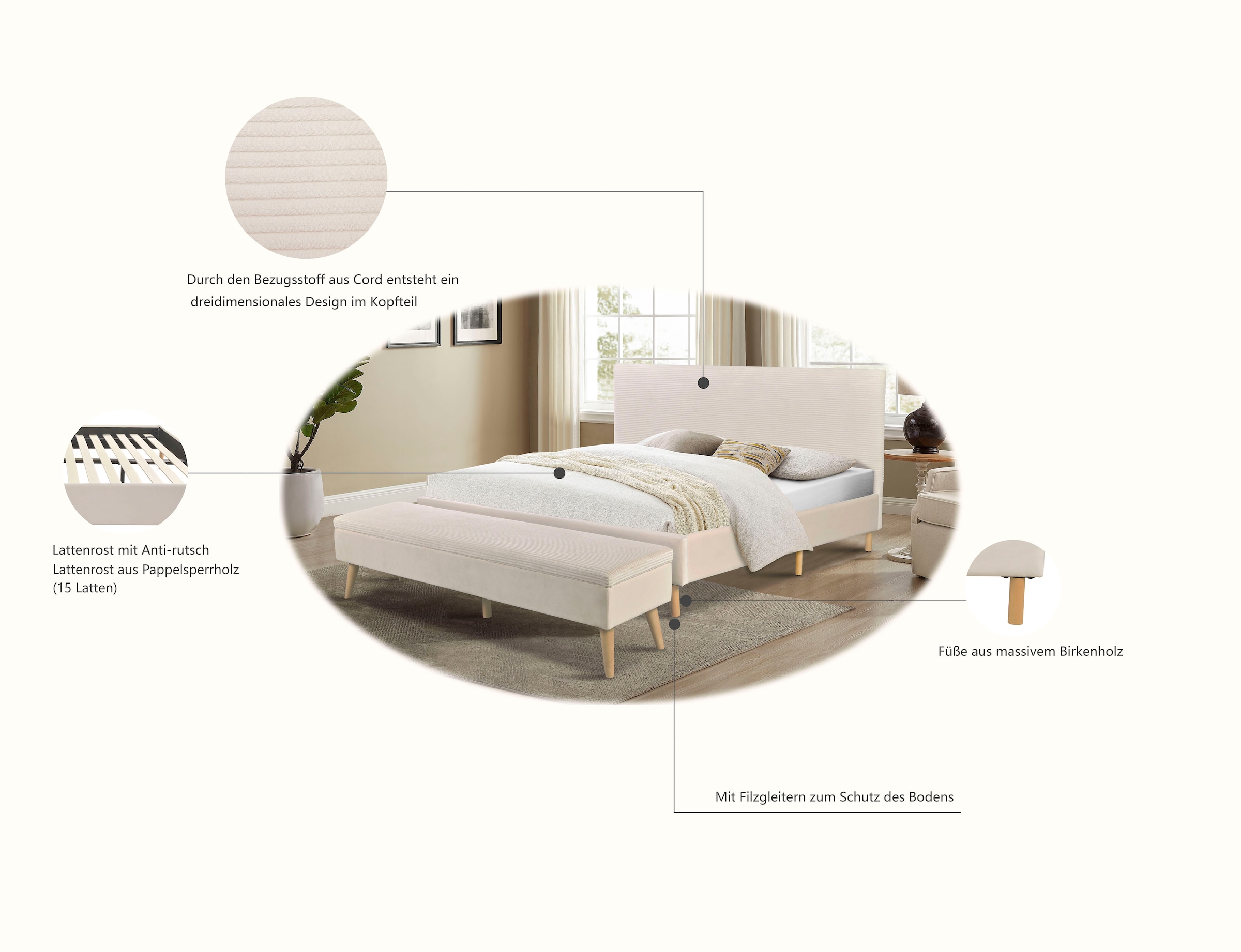 Home affaire Polsterbett »Armandine inkl. Lattenrost« Kopfteil mit Cordbezug, erhältlich in den Breiten 140cm & 180cm