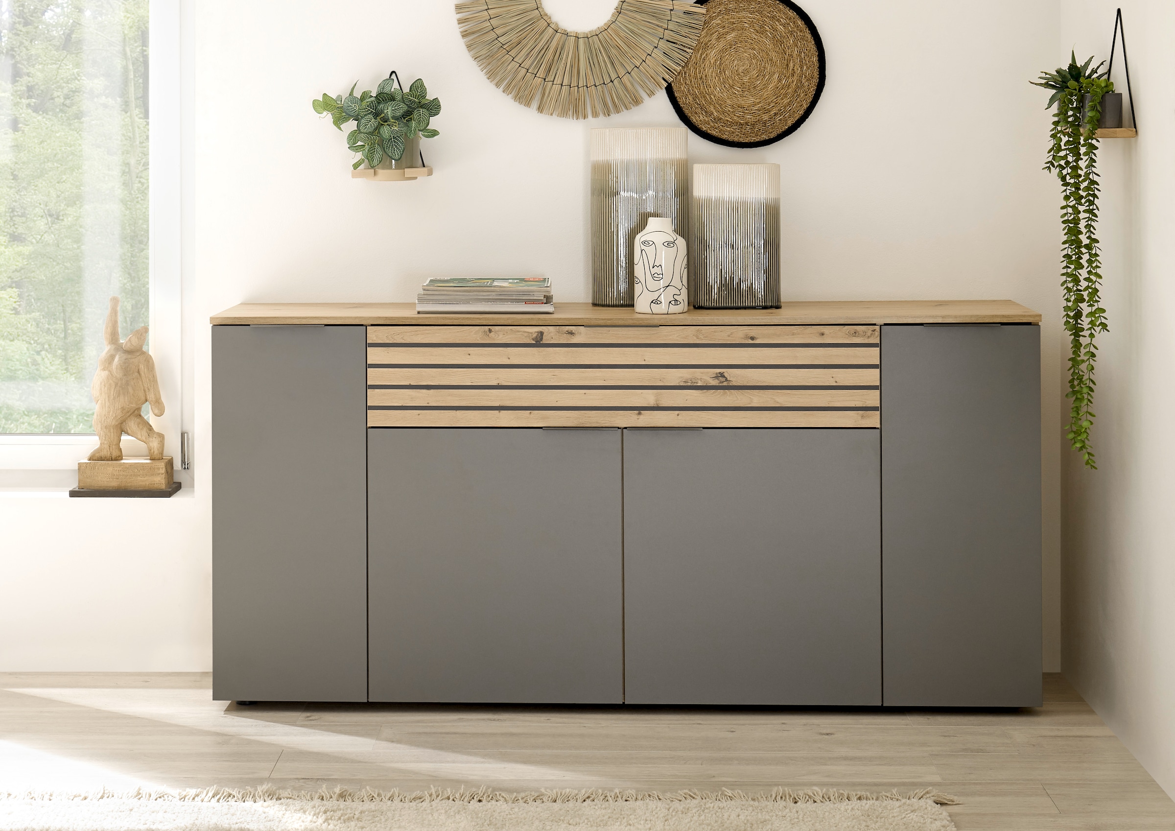 HBZ Sideboard »BZ 5110«, (1 St.), weiß oder Grau, Wohnzimmerschrank mit Absetzungen in Eiche Artisan