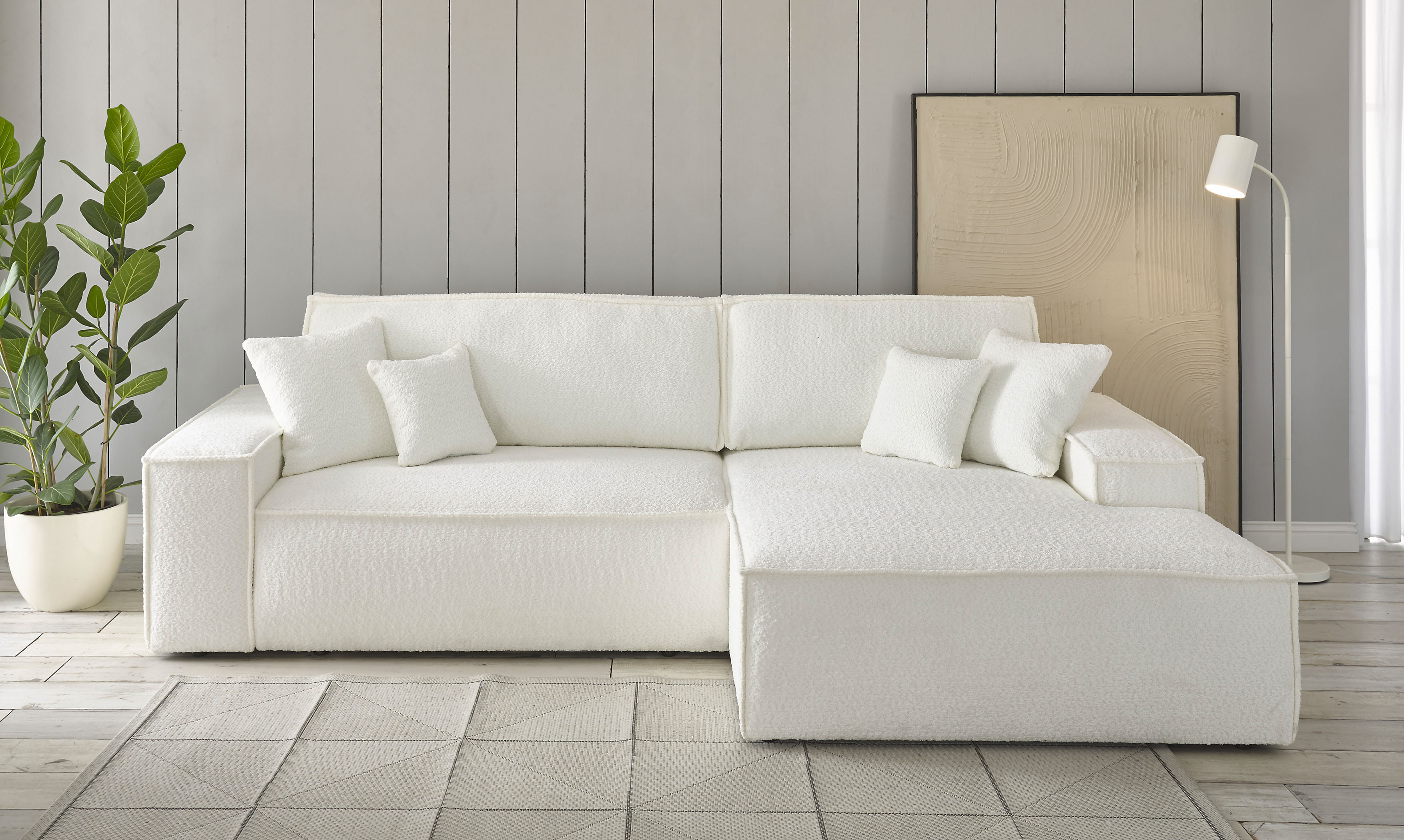 OTTO home Ecksofa "FINNLEY Bouclé, L-Form 257 cm, Schlafsofa" mit Bettkasten, in Bouclé, Struktur fein und Mega Cord