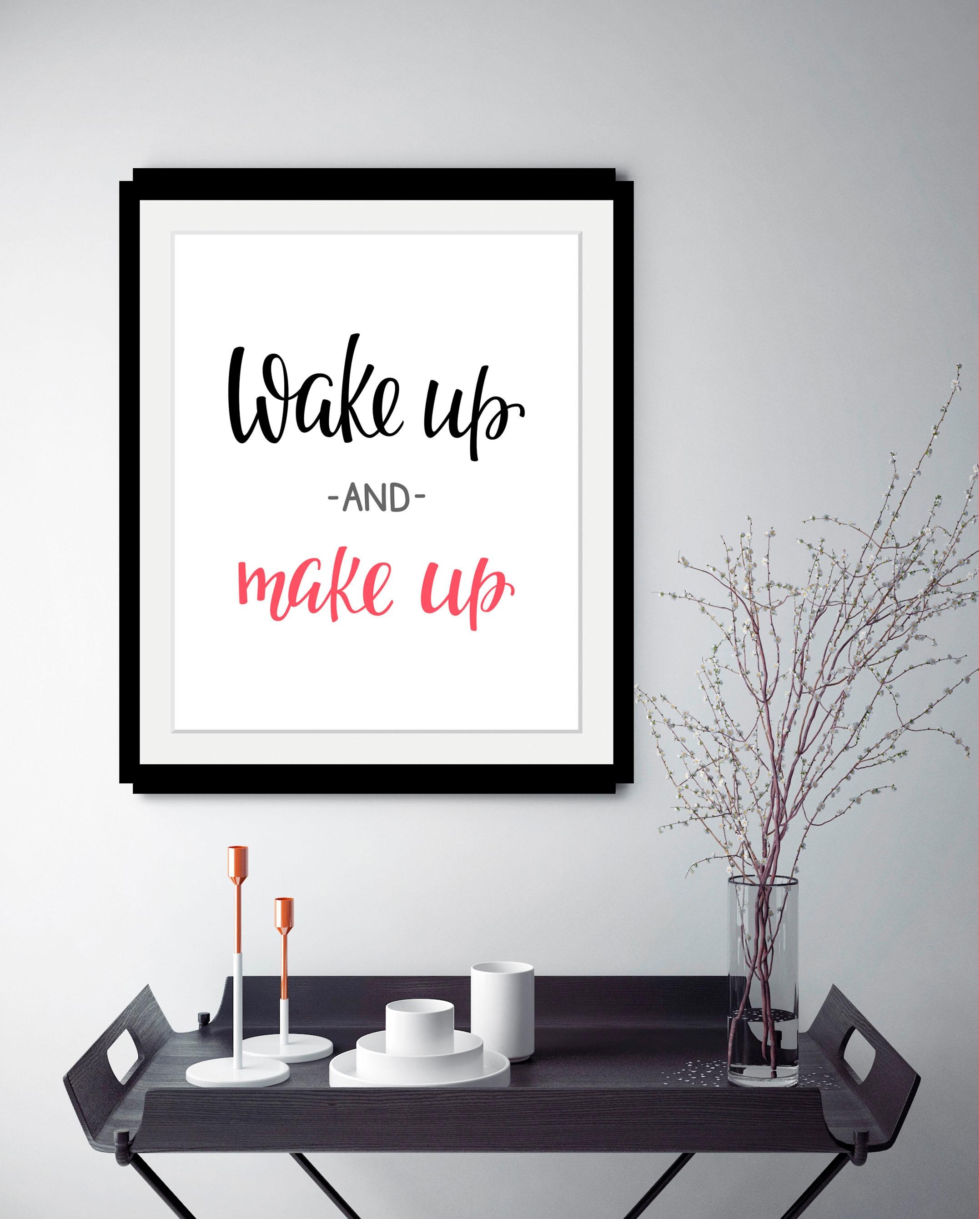 queence Bild »Wake up« Fashion | Motivationsbilder | Schriftzug | Schwarz-Weiß HD Premium Poster-Druck inkl. Holzrahmen