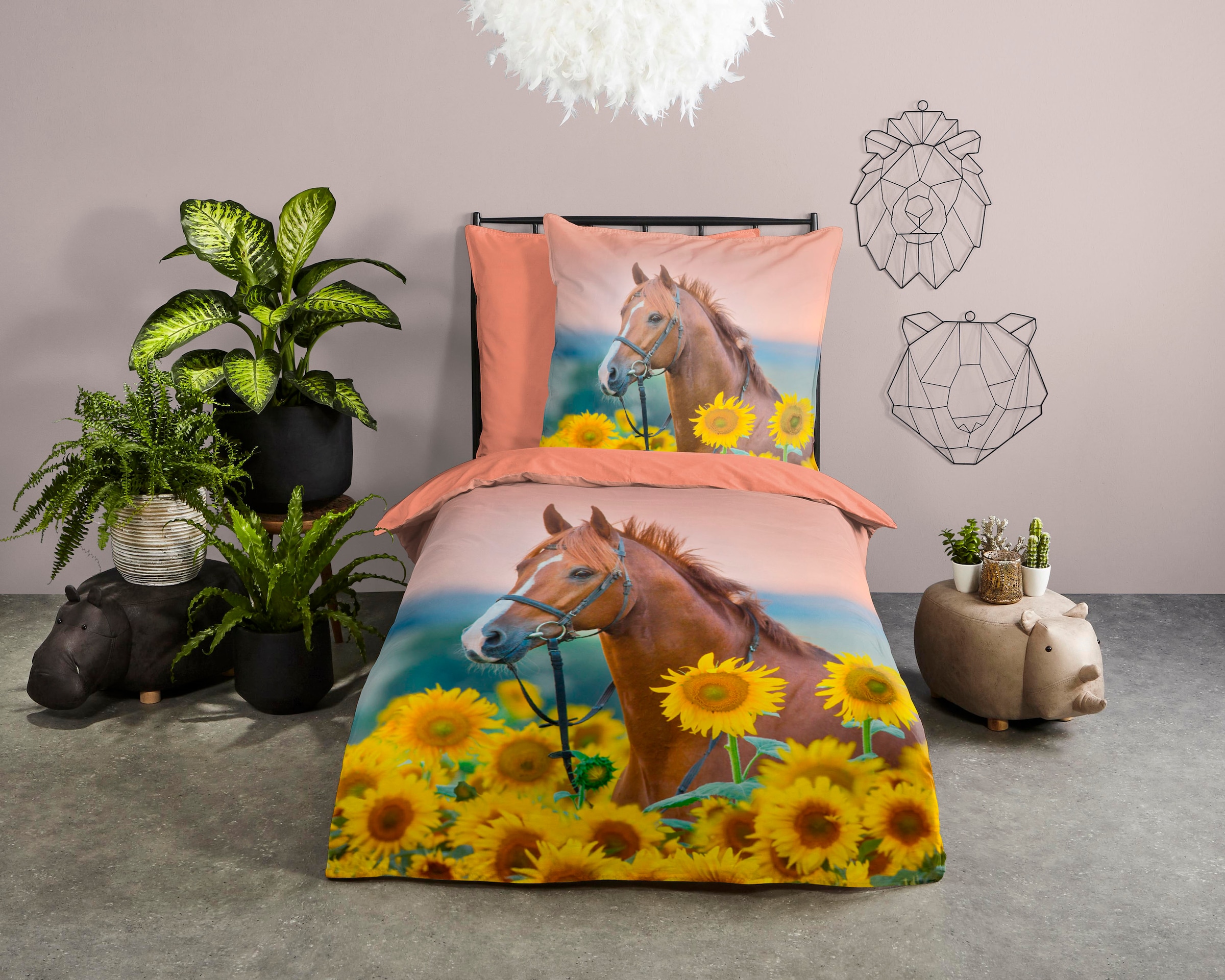 good morning Kinderbettwäsche "Beauty Horse Sunflower", Baumwolle, 135x200, Reißverschluss, Wendeoptik, Kind, Mädchen, P