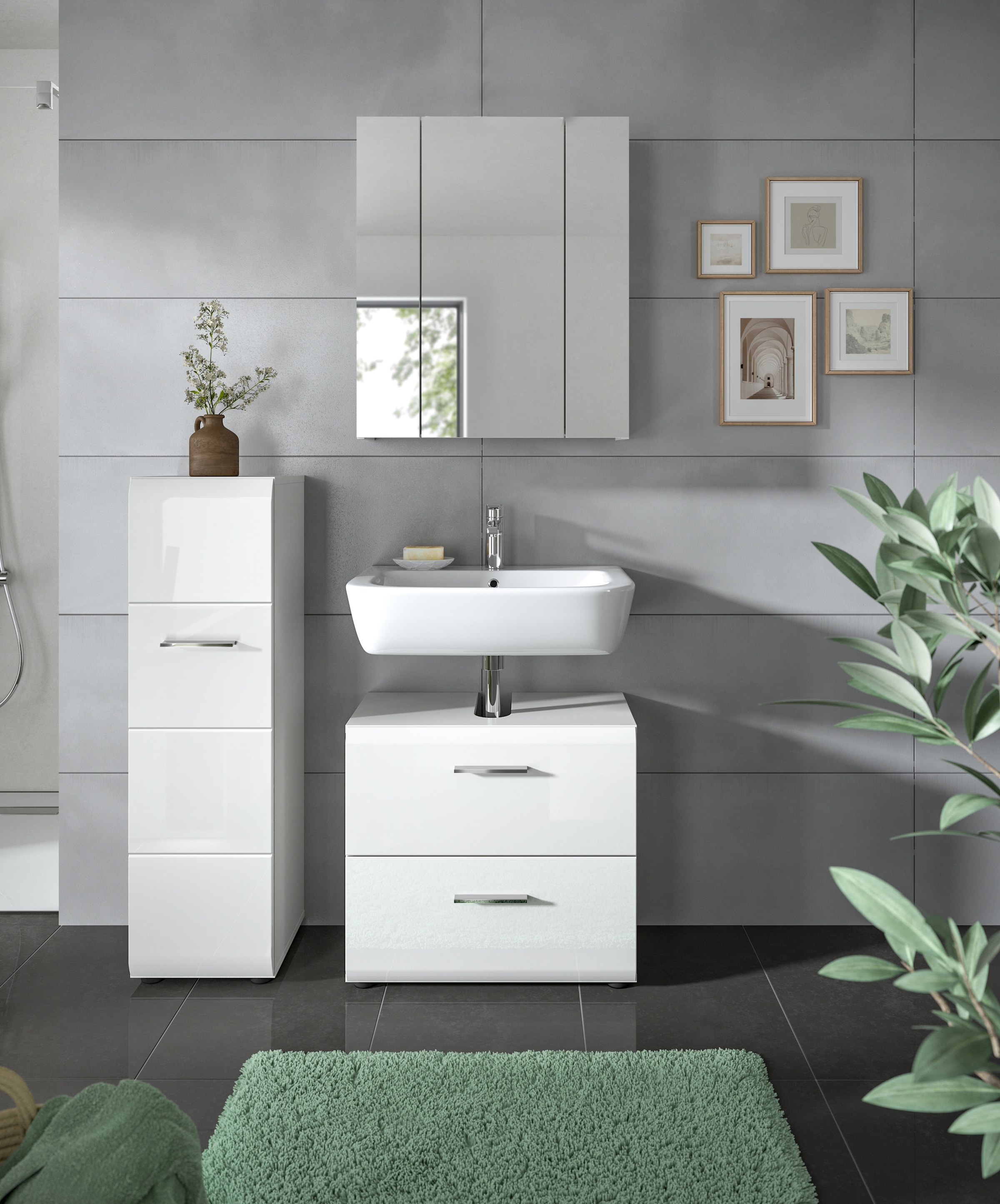 INOSIGN Badezimmer-Set, (Set, 3 St.), Florenz, Badkombination 3-tlg., Weiß hochglanz tiefzieh, Standschrank