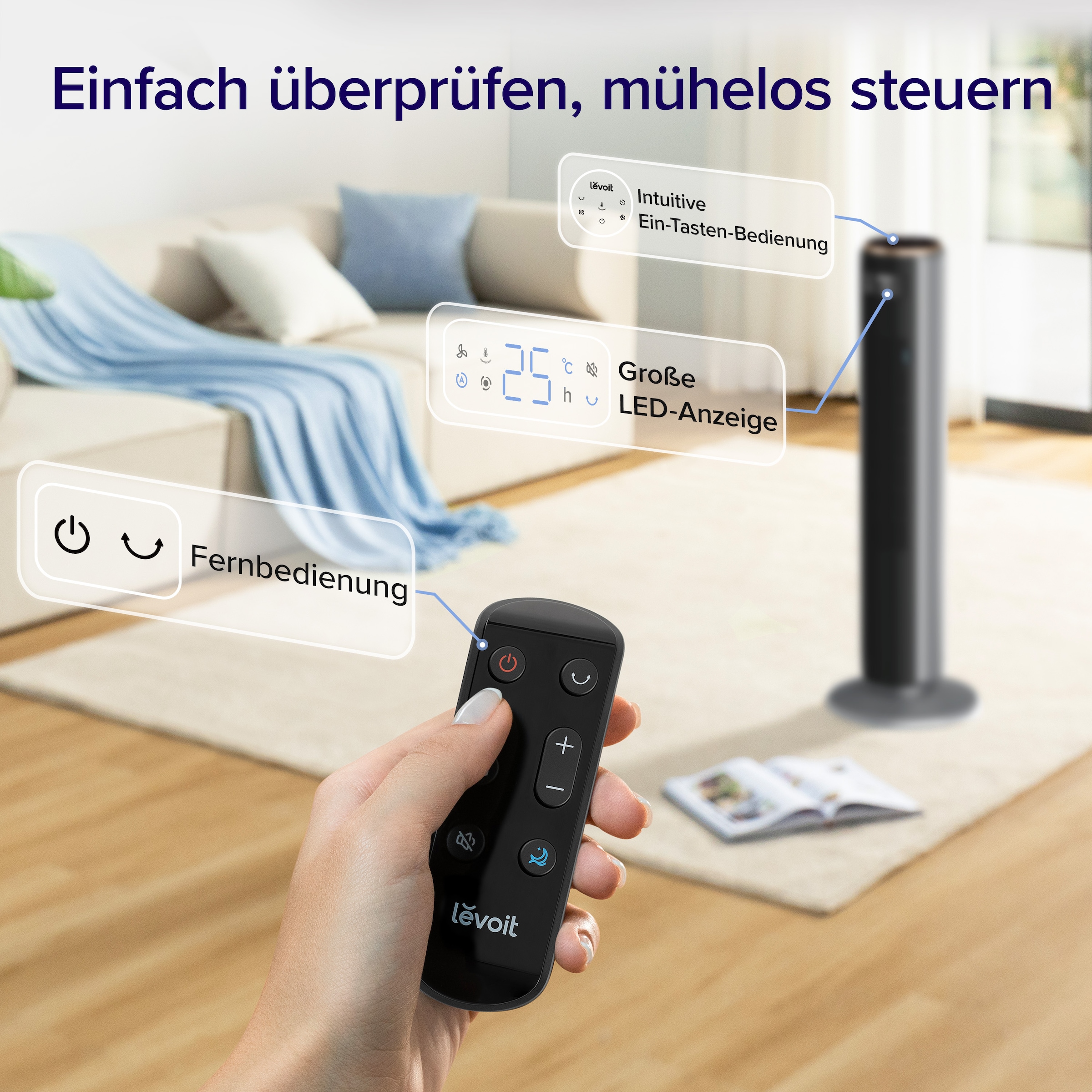 Levoit Turmventilator »Tempsense 36 DC« mit Fernbedienung, oszillierend, 15 Lüftergeschwindigkeiten