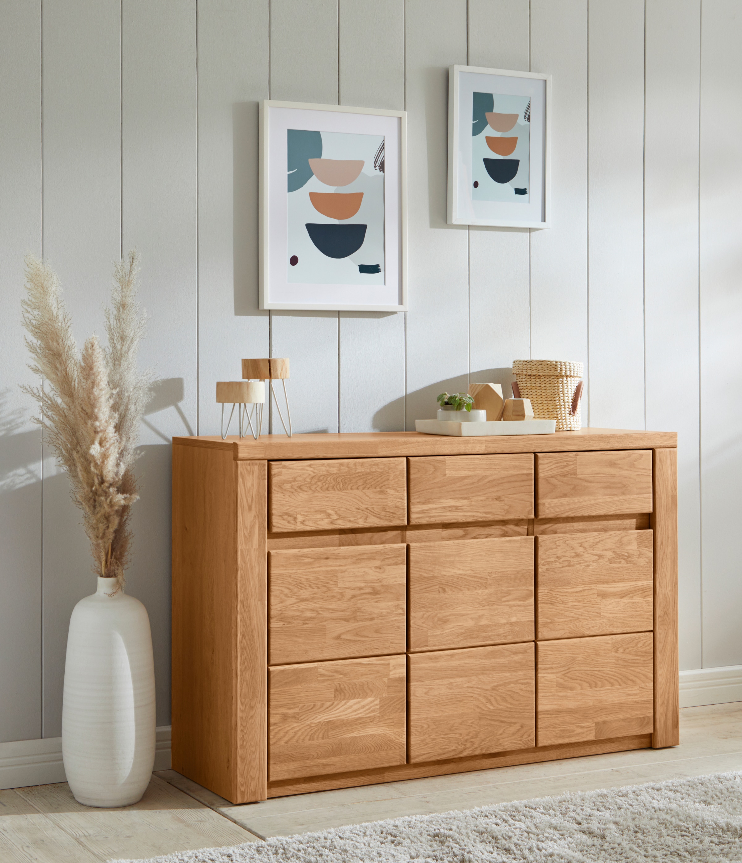 OTTO home Sideboard "Burano,127cm breit, Fronten Massivholz,3 Türen,3 Schubladen,6 Fächer" Holz massiv,Holzwerkstoff,Griffmulden,Böden variabel einsetzbar