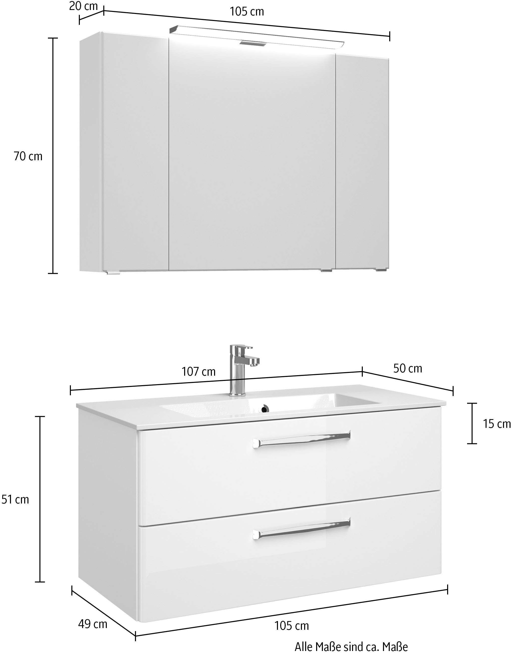 Saphir Badmöbel-Set »Trentino 2-tlg Mineralmarmor-Waschtisch, Spiegelschrank mit LED-Profil«, (3 St.), Badmöbel-Set 110cm breit, inkl. Türdämpfer, 3 Türen, 2 Auszügen