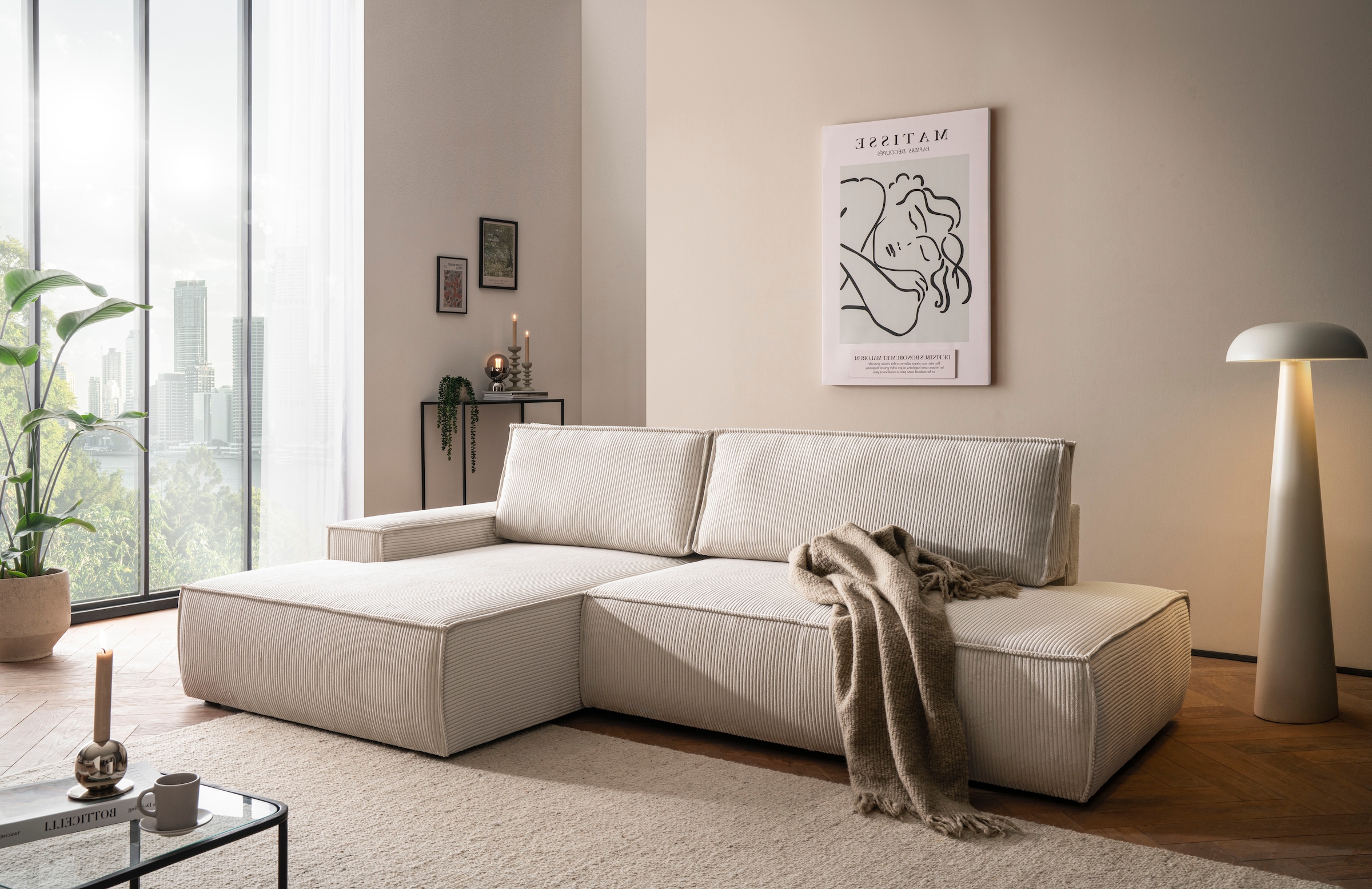 OTTO home Ecksofa "SHERWOOD Cord Schlafsofa in L-Form offen (275cm)" Schlaffunktion und Bettkasten, Kedernaht, hoher Sitz- & Liegekomfort