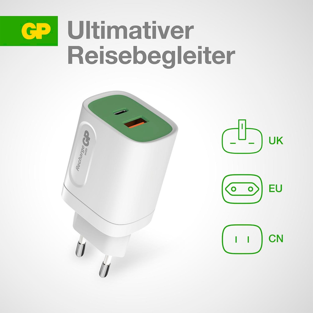 GP Batteries USB-Ladegerät »Steckerlader 20W PD 2 USB-Anschlüsse Typ A&C Inkl. int. Stecker«, ideal zum Laden von Smartphones, Tablets, Smartwaches, Kopfhörern uvm