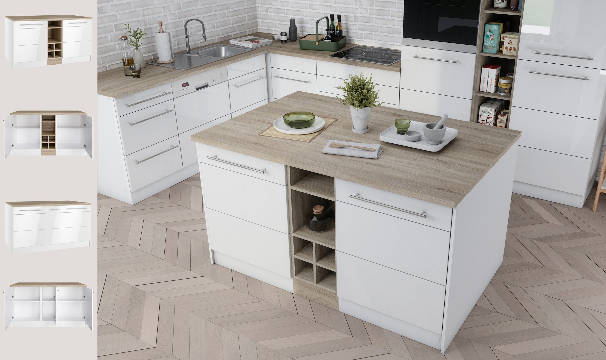 KOCHSTATION Kücheninsel »KS-Wien«, Breite 153 cm, MDF-Fronten, Flaschenregal