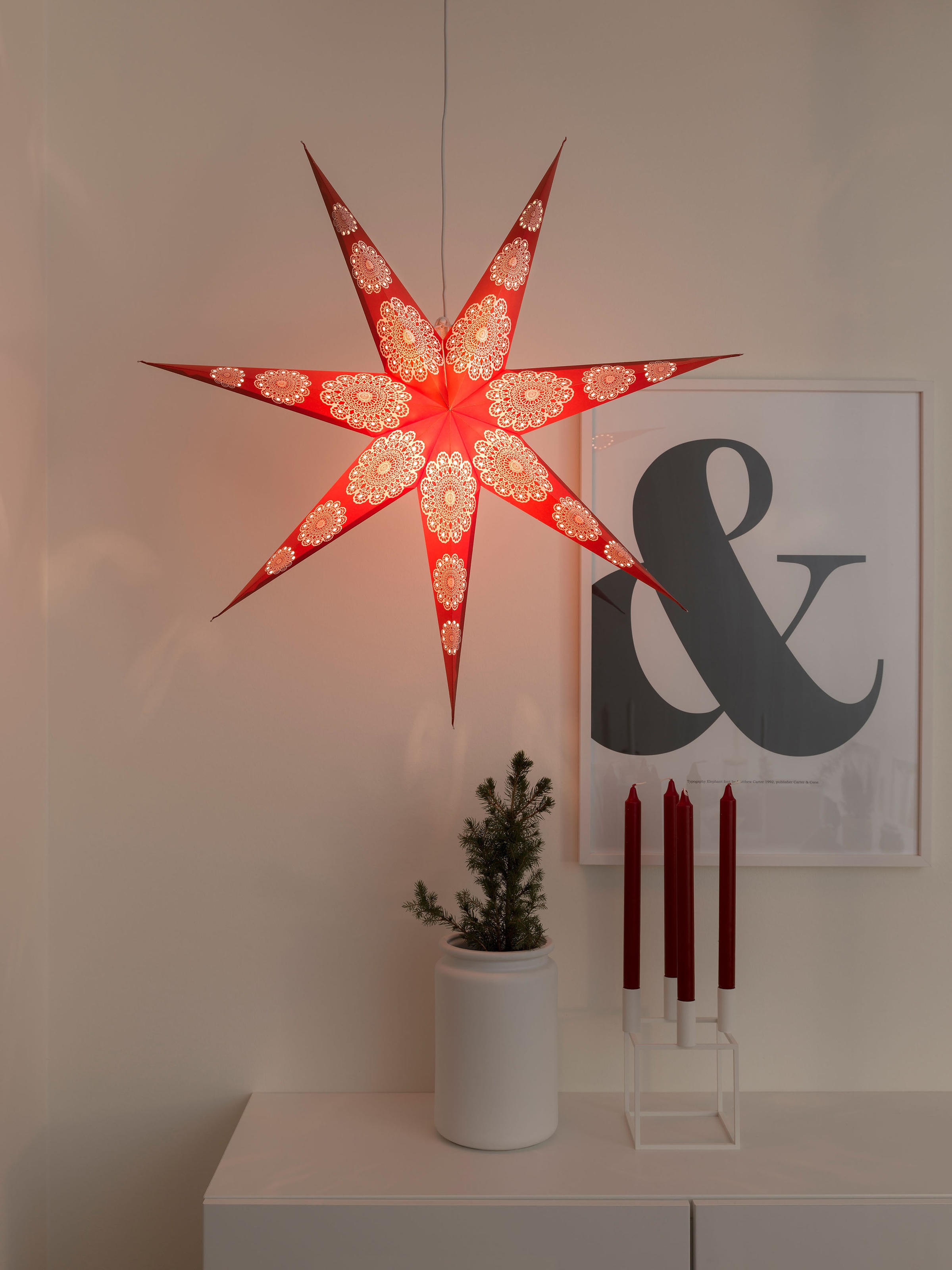 KONSTSMIDE Dekostern "Weihnachtsstern, Weihnachtsdeko rot", (1 St.), roter Papierstern, LED Stern, 7 Zacken