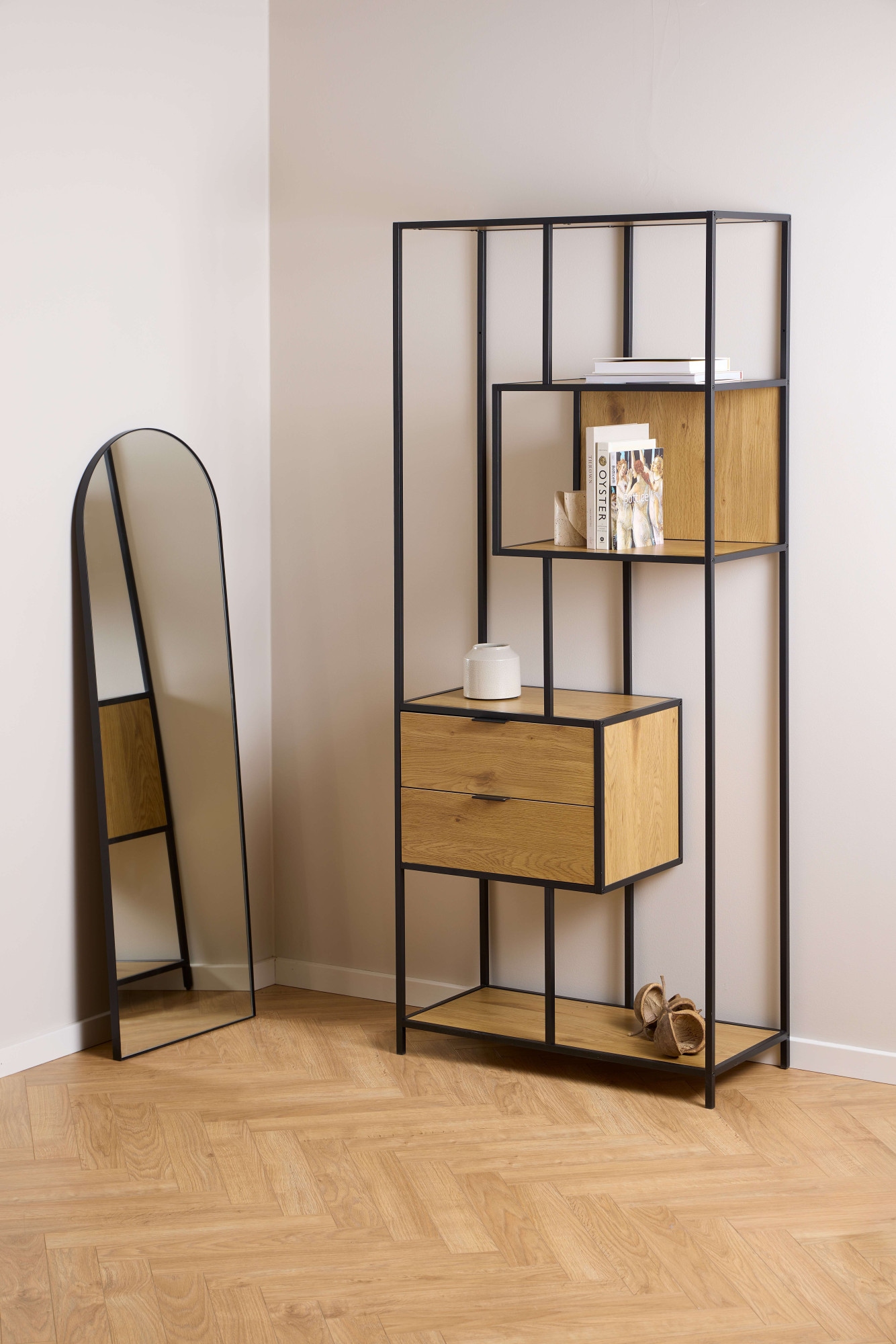 ACTONA GROUP Regal "Seaford, Standregal, Regal, Raumteiler" 77x35x185 cm, schwarzer Stahlrahmen, 2 Schubladen, Wendemodul, Breite 77 cm