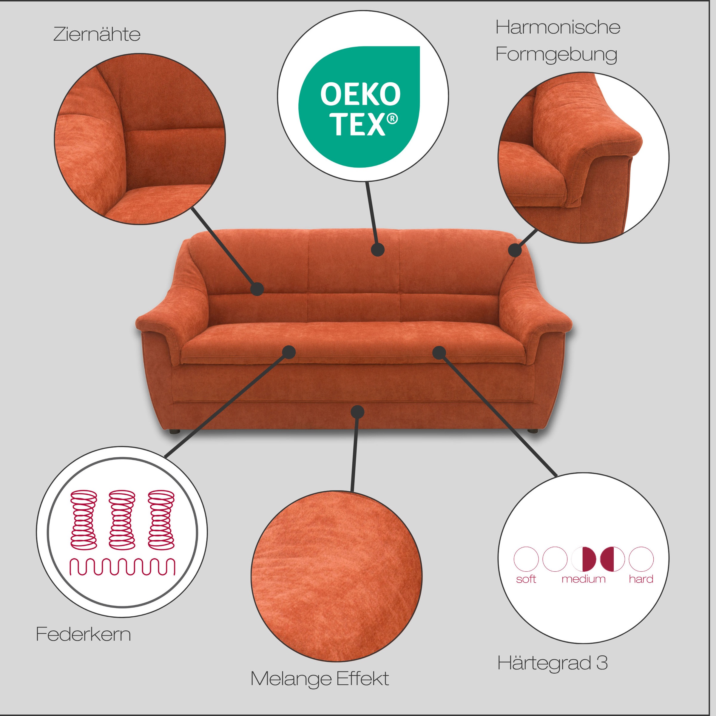3-Sitzer DOMO COLLECTION "Lale, zeitloses und komfortables Sofa, bequeme Armlehnen, Breite 185cm", terra, B:185cm H:88cm T:93cm, 100% Polyester, Sofas 3