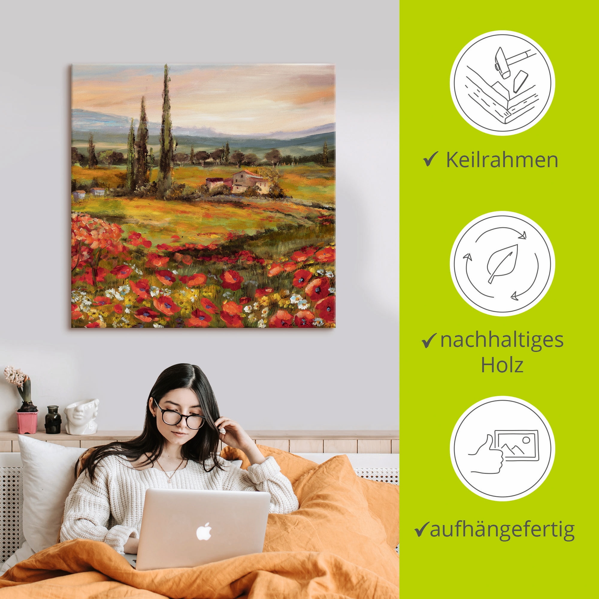 Artland Wandbild »Mohnblumen und Zypressen« Felder 1 Stk. tlg. auf Holzrahmen gespannt