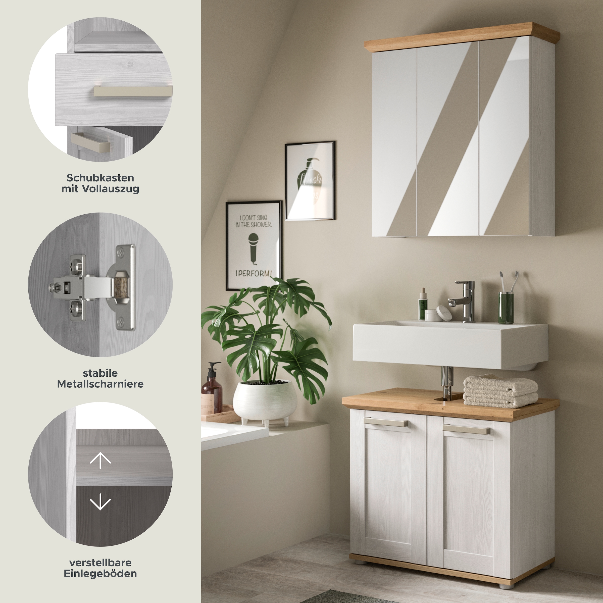 welltime Badmöbel-Set »COSENZA, 2-teilig, in Landhausoptik, mit farblich abgesetztem Kranz« bestehend aus: Spiegelschrank und Waschbeckenunterschrank, 2 Stk. tlg.