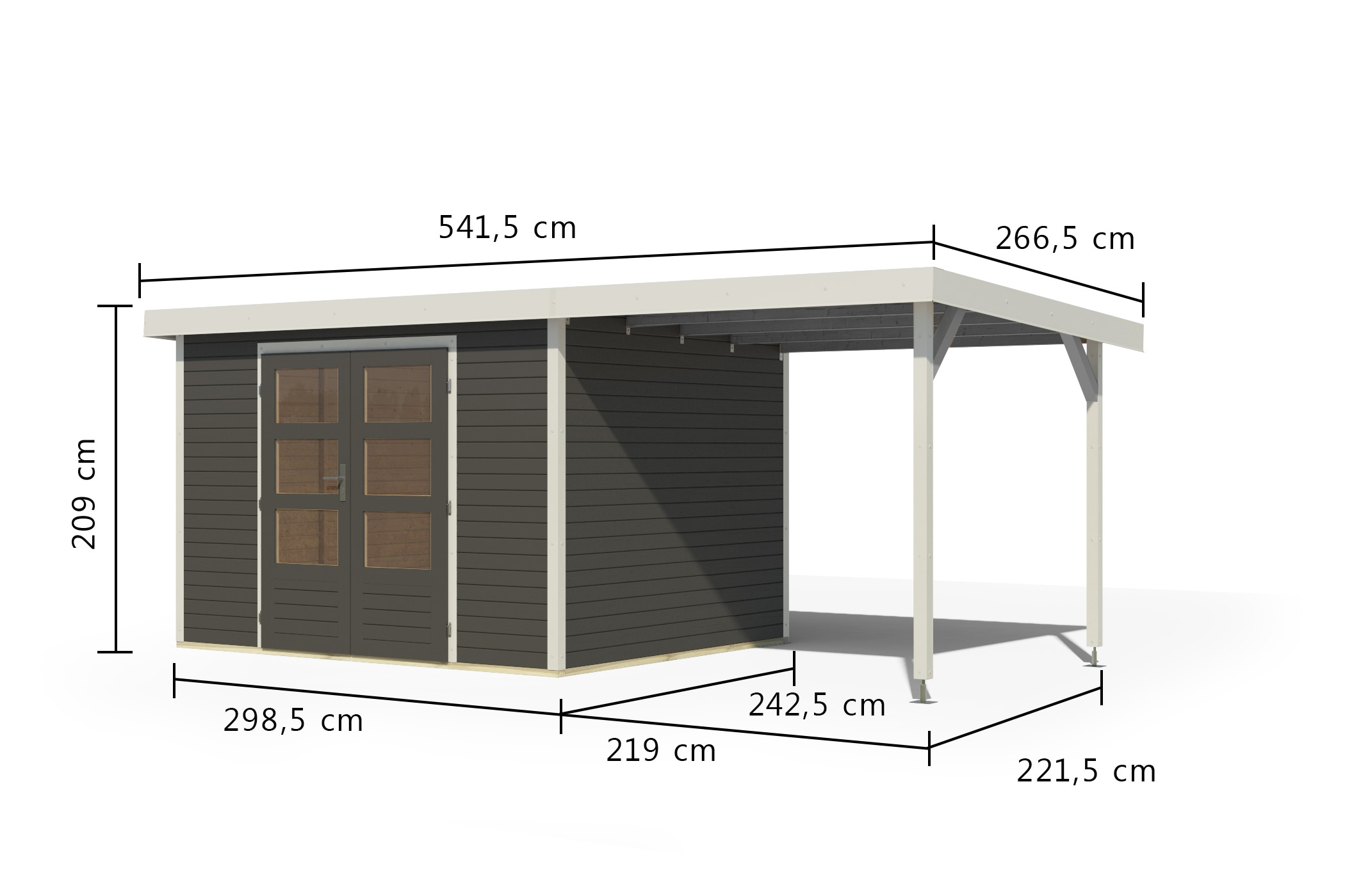 Karibu Gartenhaus »"Jupiter 5 B" SET terragrau, mit Anbaudach 2,35 m breit«, hochwertige Materialien: nordische Fichte, Stahlecken, Trapezblechdach