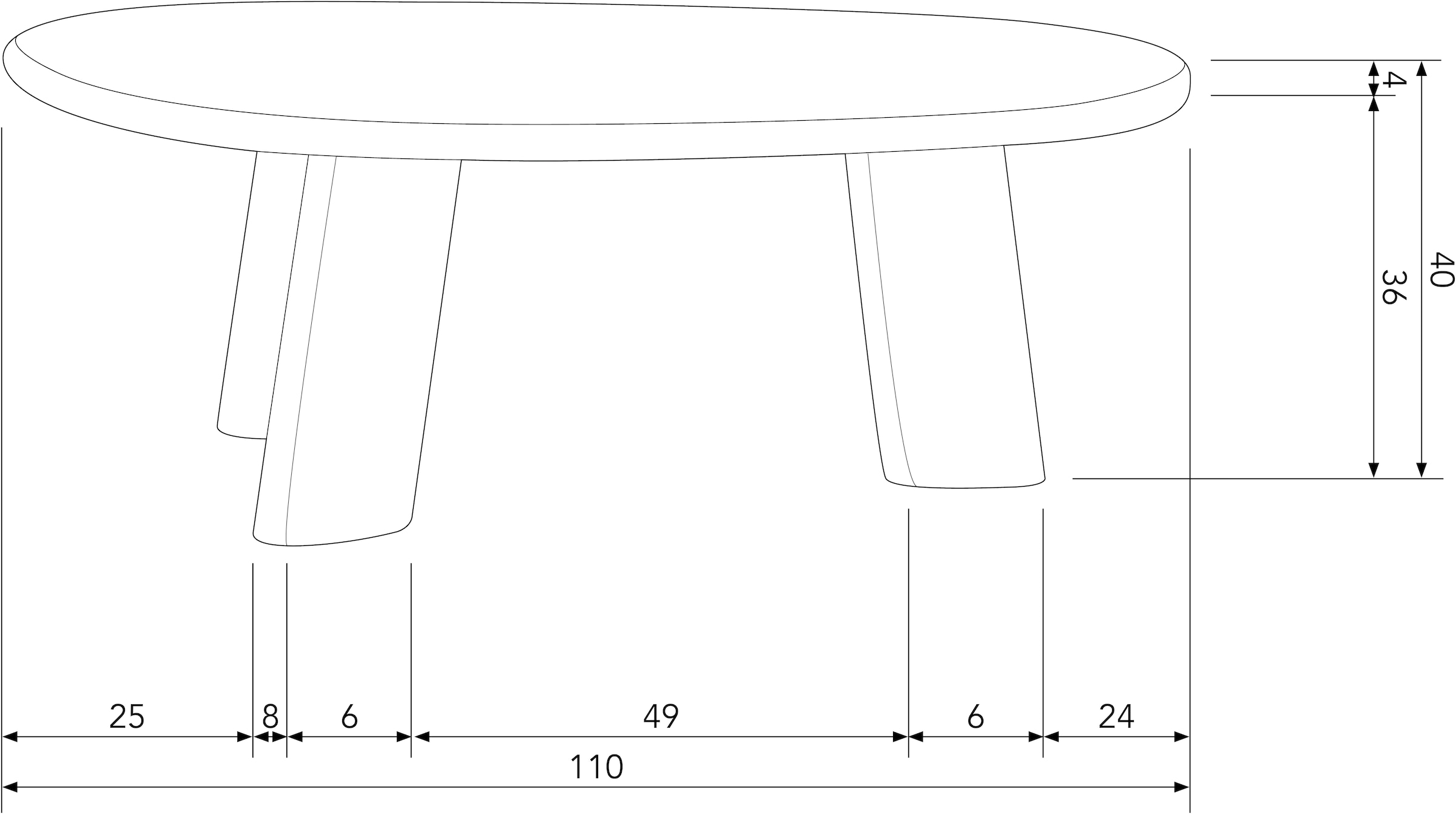 WOOOD Couchtisch »Roundly aus Mangoholz mit organisch geformter Platte 110x60x40 cm« Tragkraft 30 kg, Plattendicke 4 cm, Beine 14 cm breit