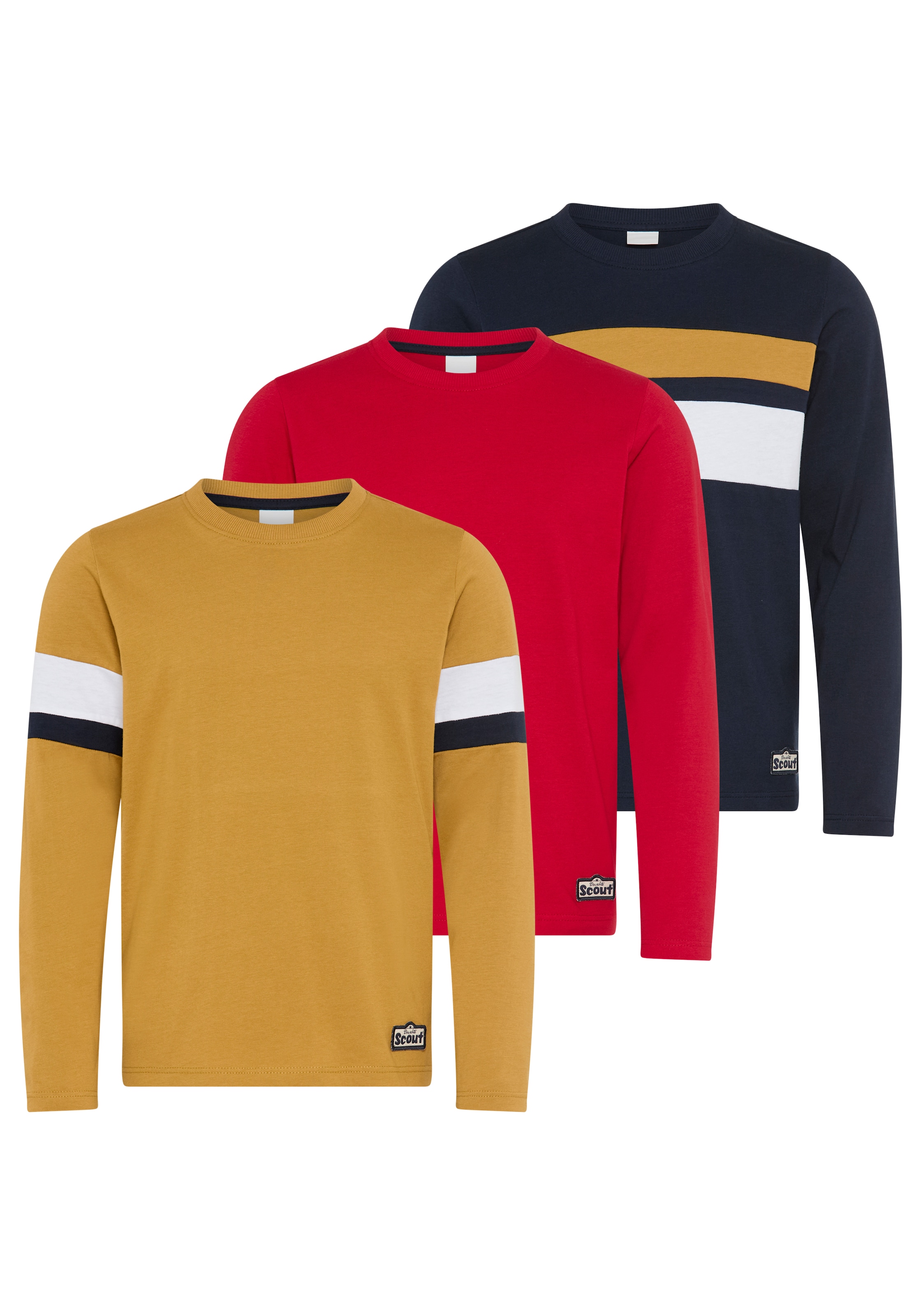 Scout Langarmshirt "3er Packung Shirt mit Kontrast-Einsätzen" Packung, 3, 3 Shirts, jedes Langarmshirt ein Style für sich