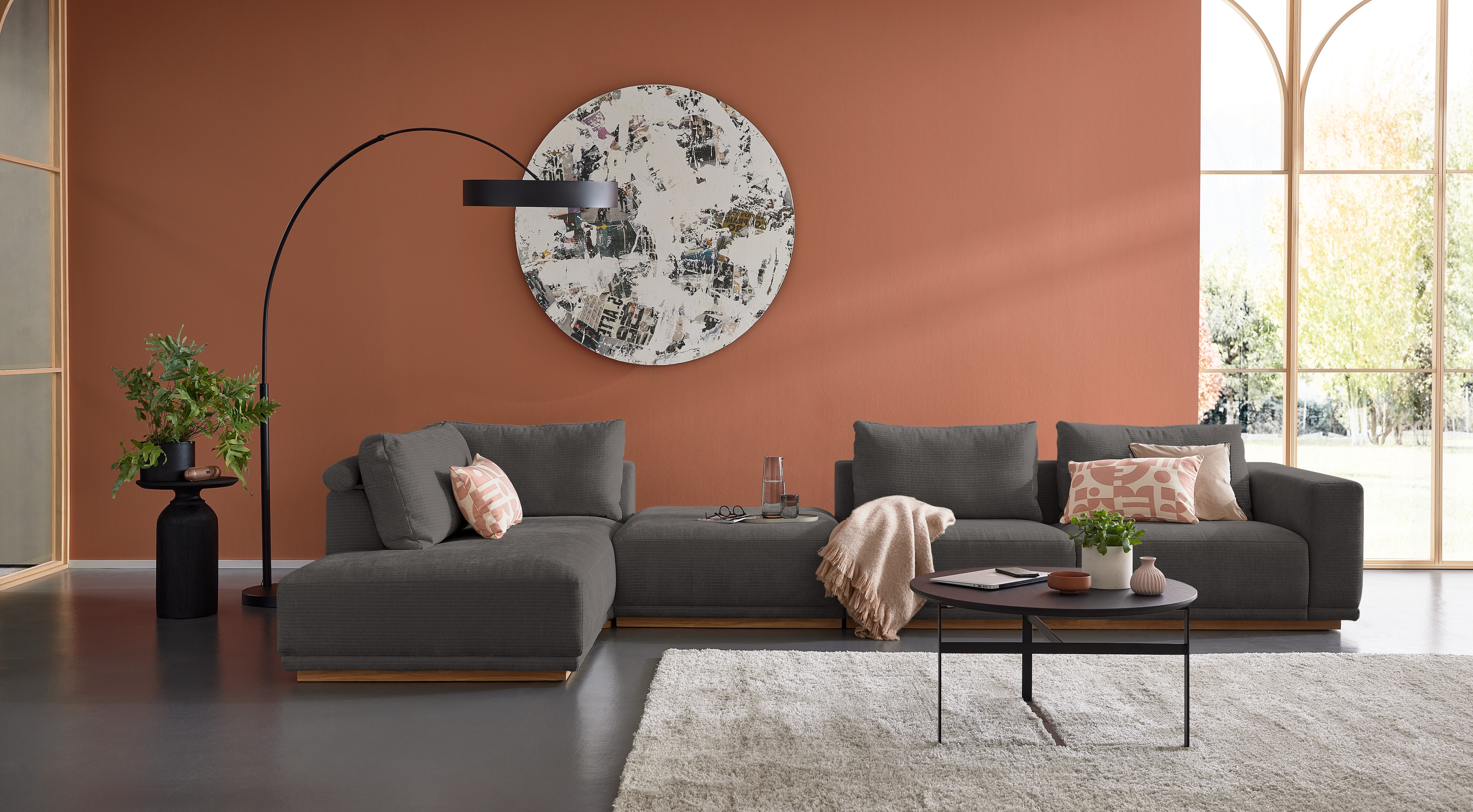 Musterring Wohnlandschaft "JustB PM200 bequem, wahlw. Sitzvorzug, Breite 395cm, Holzsockel" Anreihsofa Armlehne rechts, Eckteil links und Hocker. Ohne Sitzvorzug