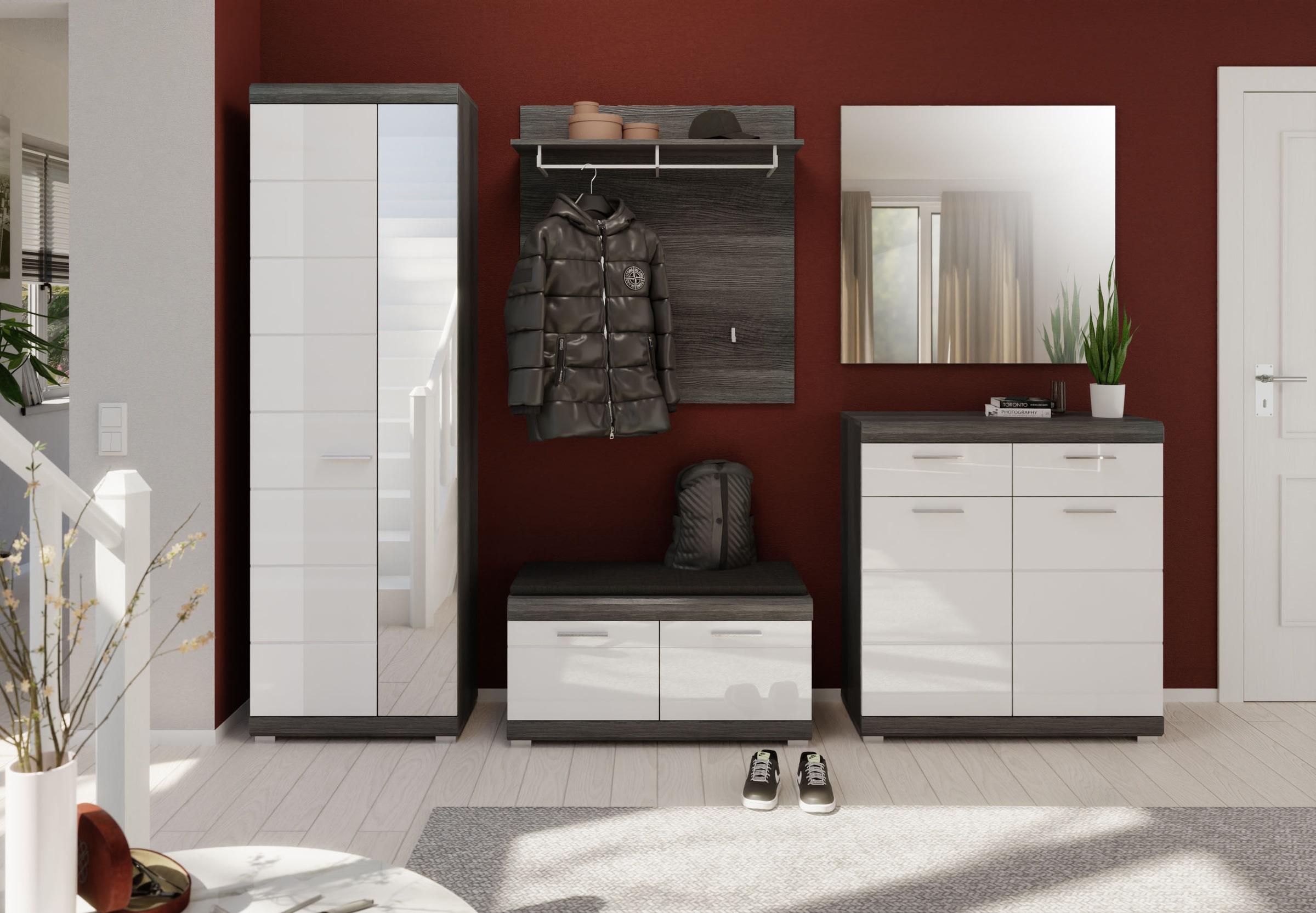 INOSIGN Garderoben-Set »Siena, Fronten mit hochwertiger Rillenfräsung, 5-teilig,bestehend aus:«, (Komplett-Set, 5 St.), Scout Garderobenkombinatio 5-tlg., Breite 272 cm, Flur, Diele