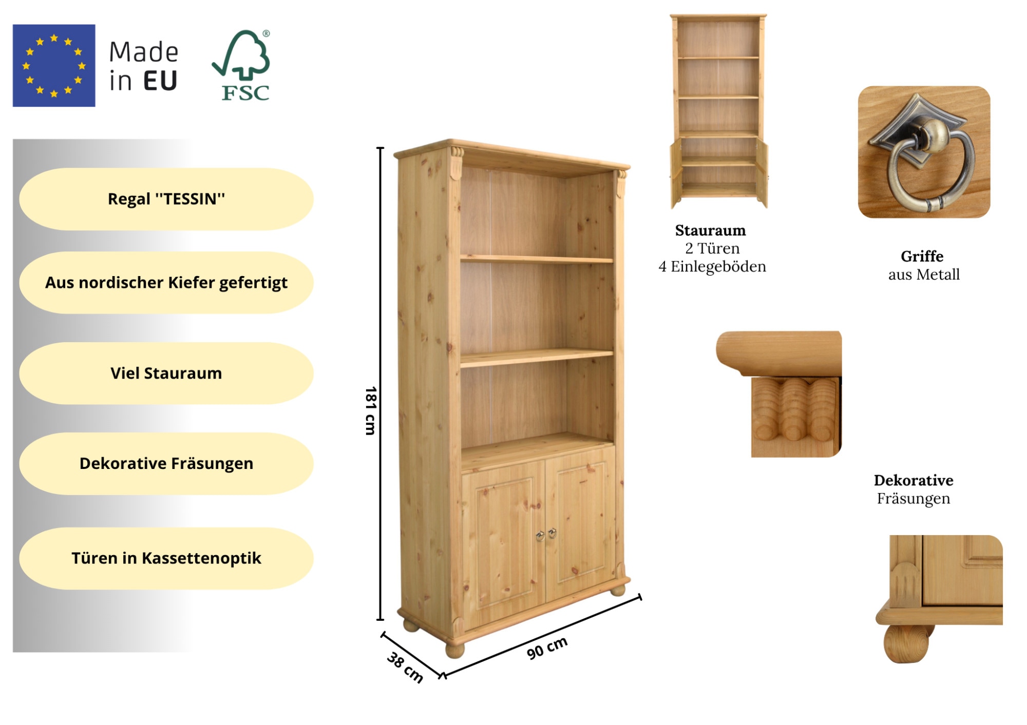 Home affaire Regal »Tessin, Standregal, Bücherregal,« aus massiver Kiefer, Breite 90 cm, Höhe 181 cm, mit Türen
