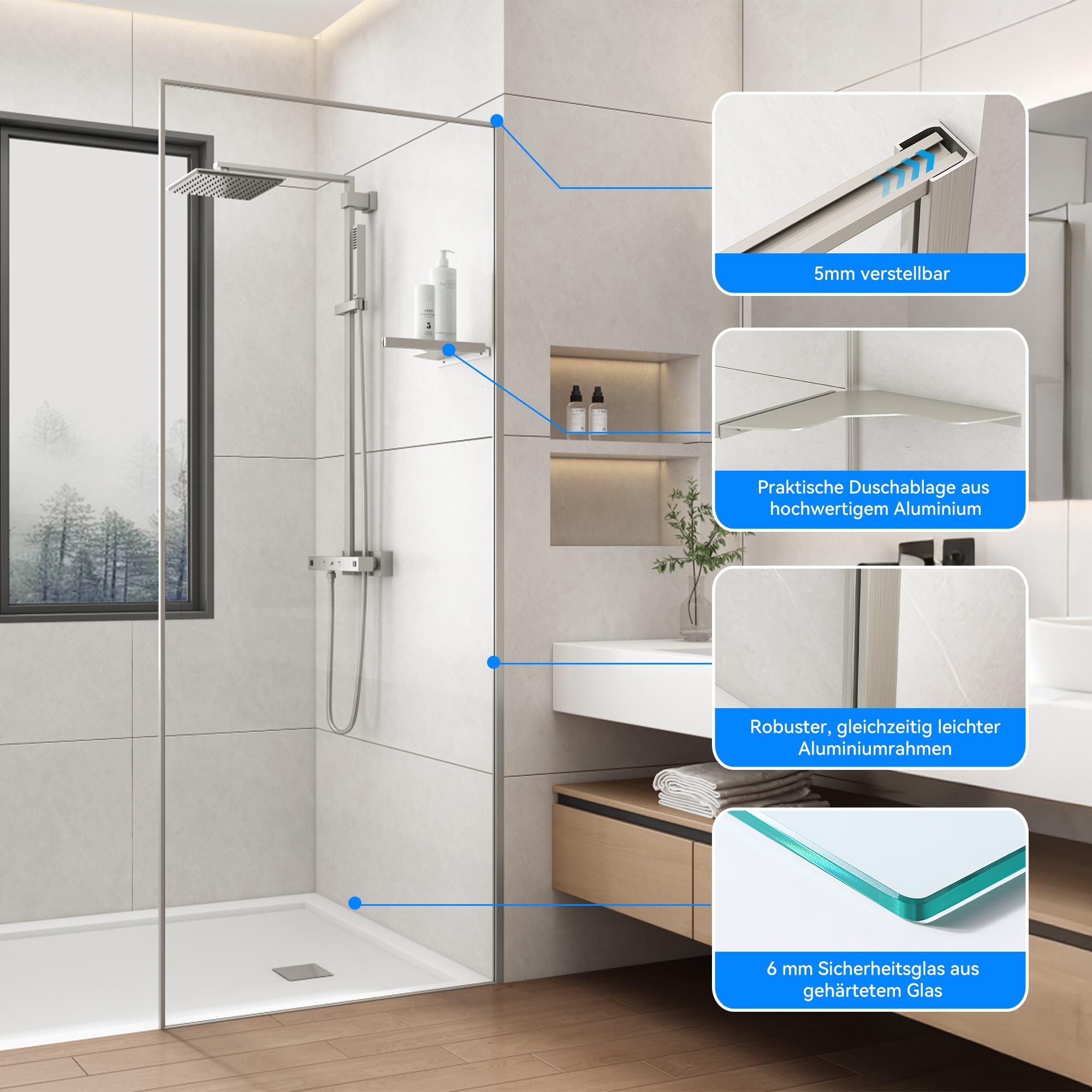welltime Walk-in-Dusche »Frame Plus« Rundumrahmen aus hochwertigem Aluminium, Eckregal zur Stabilisierung