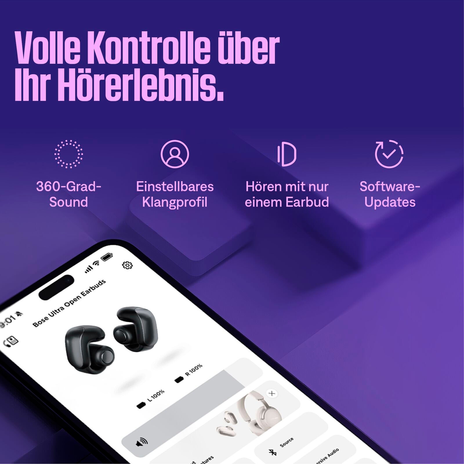 Bose Kopfhörer »Ultra Open Earbuds mit 2 Modi: Immersive Sound, Stereo«, Bluetooth, Stummschaltung, Simple Sync, Google Fast Pair, Umgebung wahrnehmen