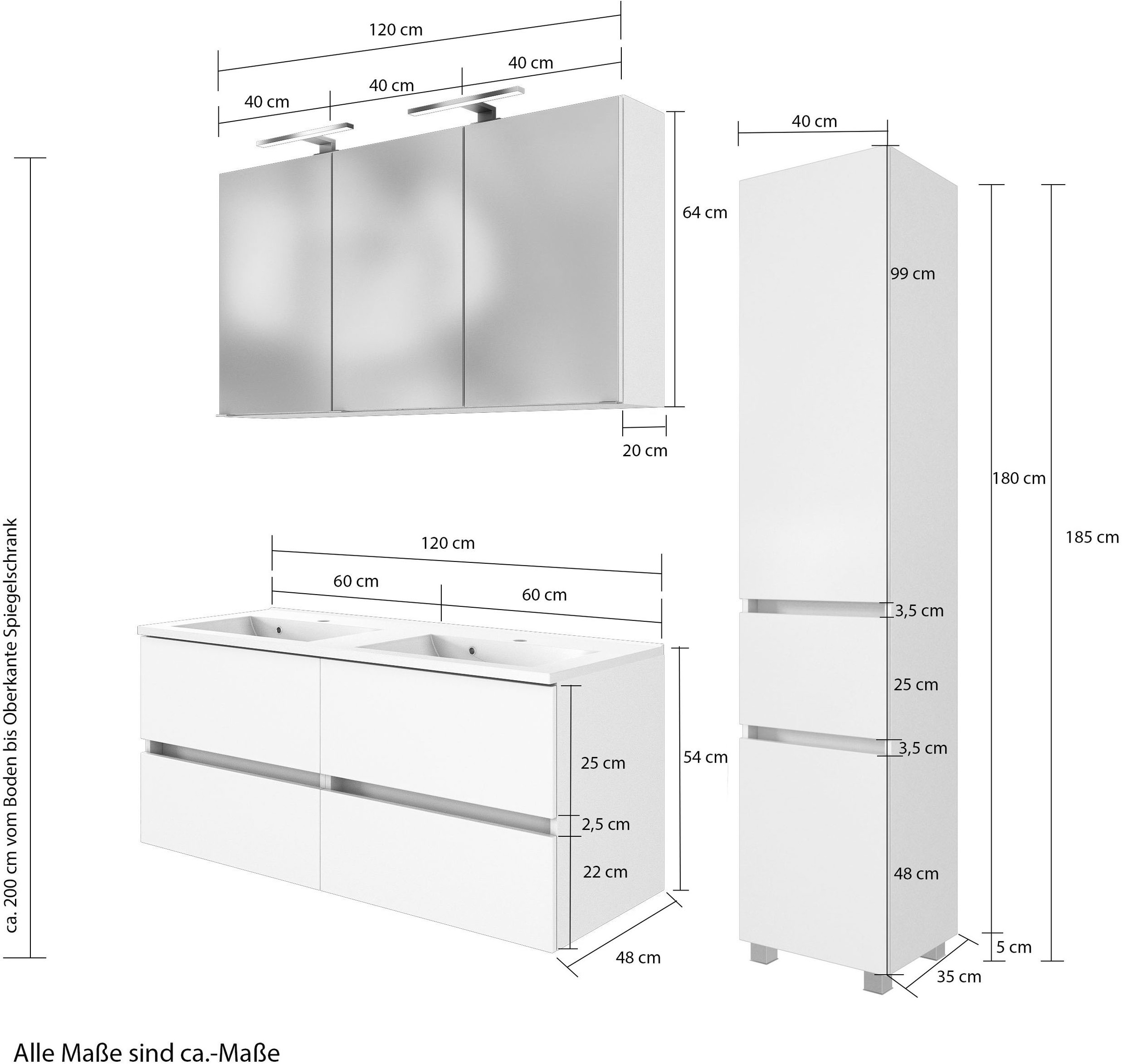 welltime Badmöbel-Set »Welltime Möbel Baabe Waschtisch-Set 3tlg. oder 5tlg.«, (3 St.), gedämpfte Scharniere und Softclose-Funktion, inklusive LED-Beleuchtung