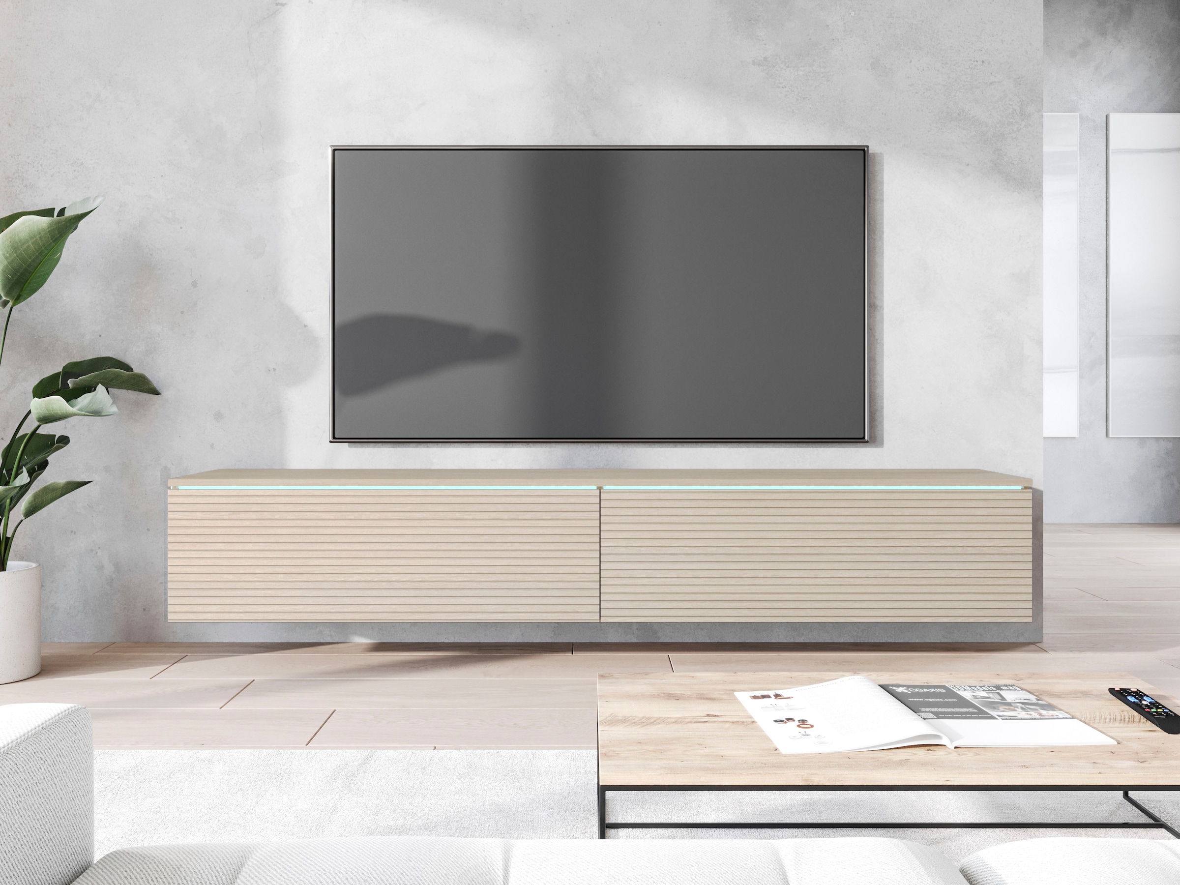INOSIGN Lowboard »LOWBOARD VERA, wahlweise mit oder ohne Beleuchtung«, Modernes griffloses TV-Board, 180 cm TV-Schrank, stehend und hängend
