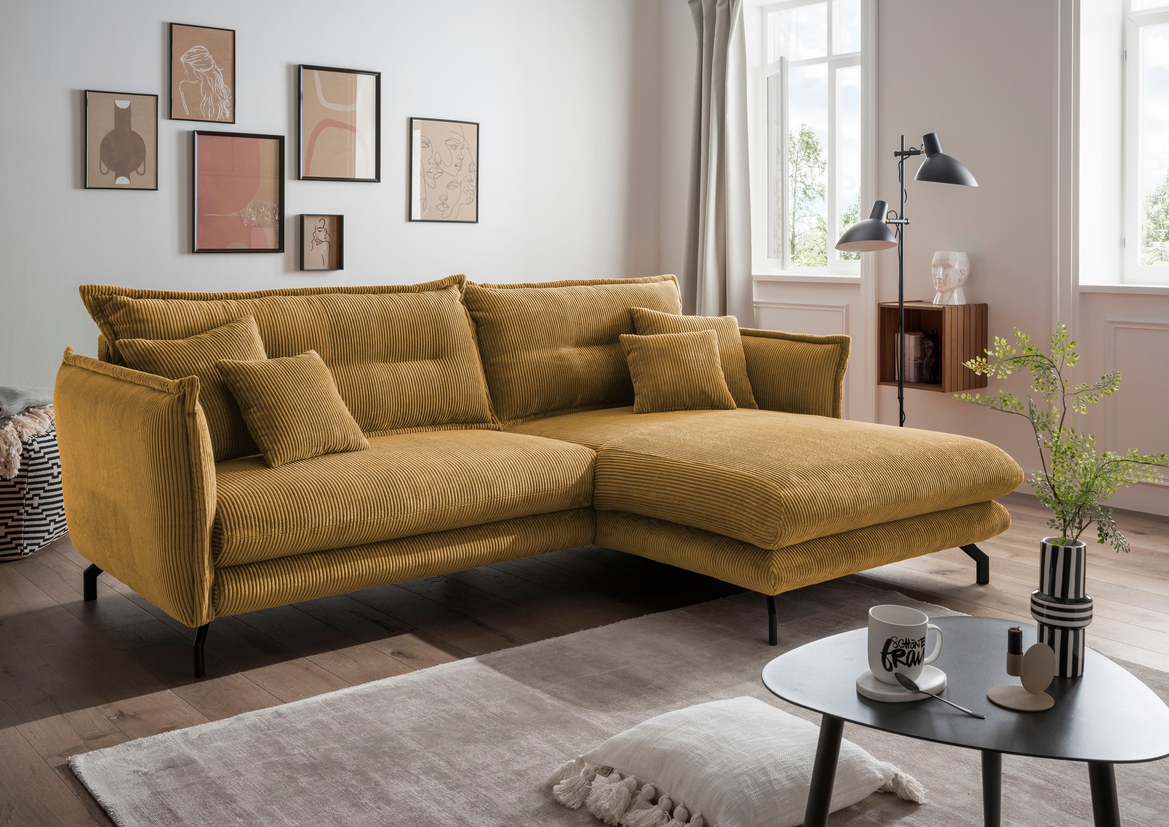 Ecksofa HOME AFFAIRE "LAVA Breite 255 cm, modern und elegant, aktuelle Kissenoptik, L-Form", gold, B:255cm H:94cm T:180cm, Sofas, Ecksofa, Armlehnen verstellbar, Topseller