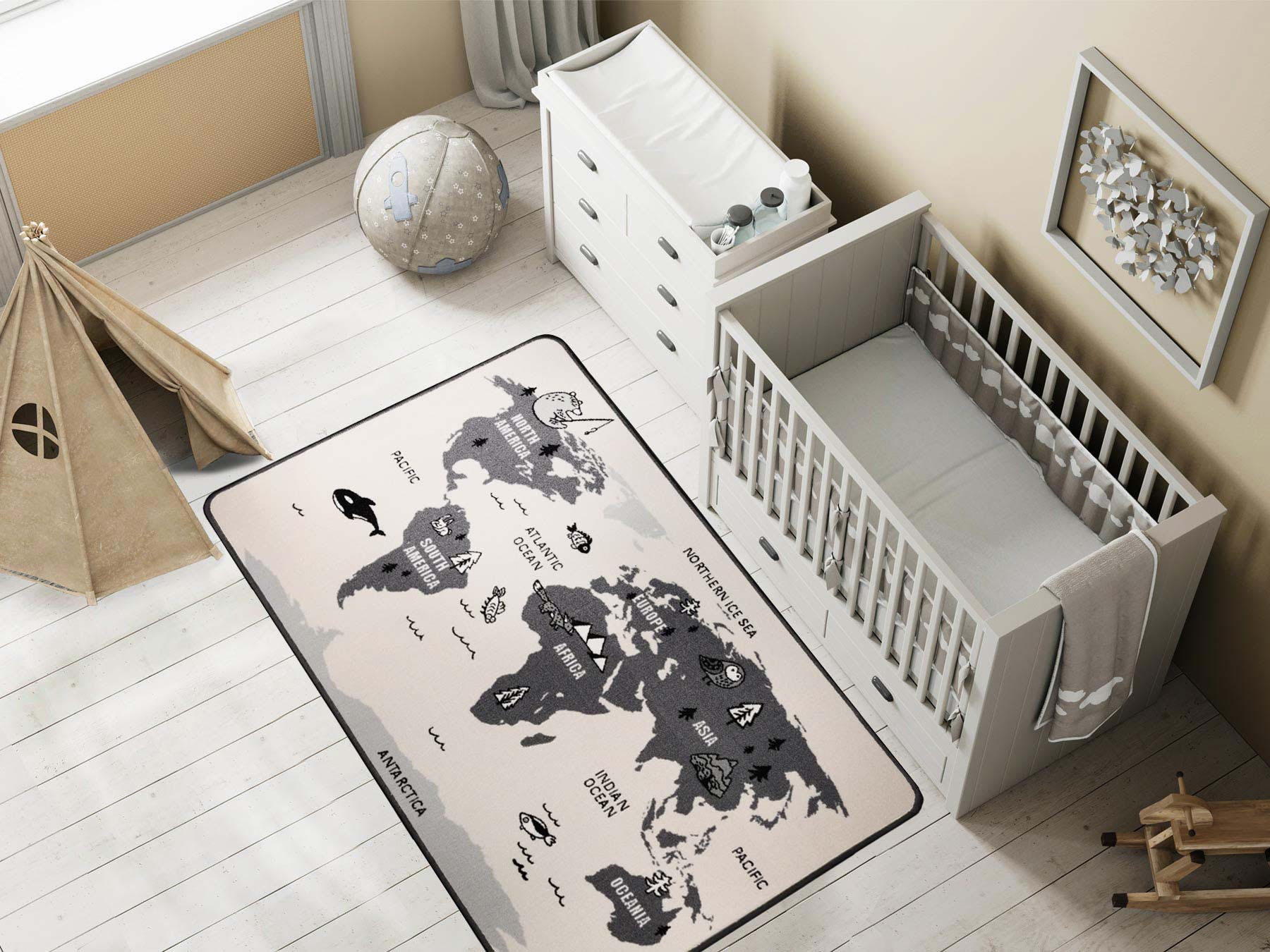 Primaflor-Ideen in Textil Kinderteppich »RETRO - Weltkarte, Made in Belgium«, rechteckig, 5 mm Höhe, Motiv Weltkarte, Kinderzimmer