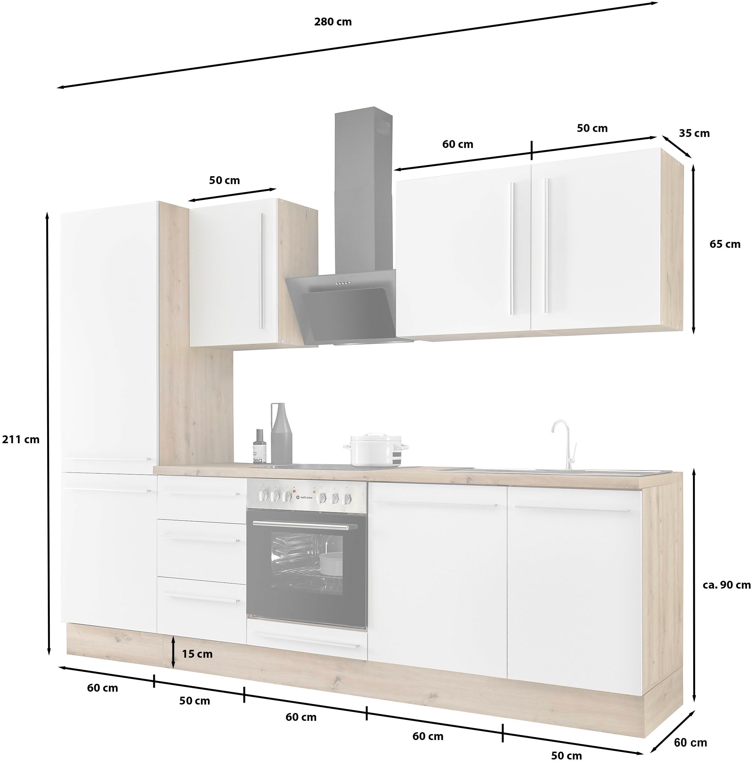 KOCHSTATION Küchenzeile »KS-Florida mit 38mm starker Arbeitsplatte«, Breite 280 cm, wahlweise mit E-Geräten, Soft-Close-Funktion