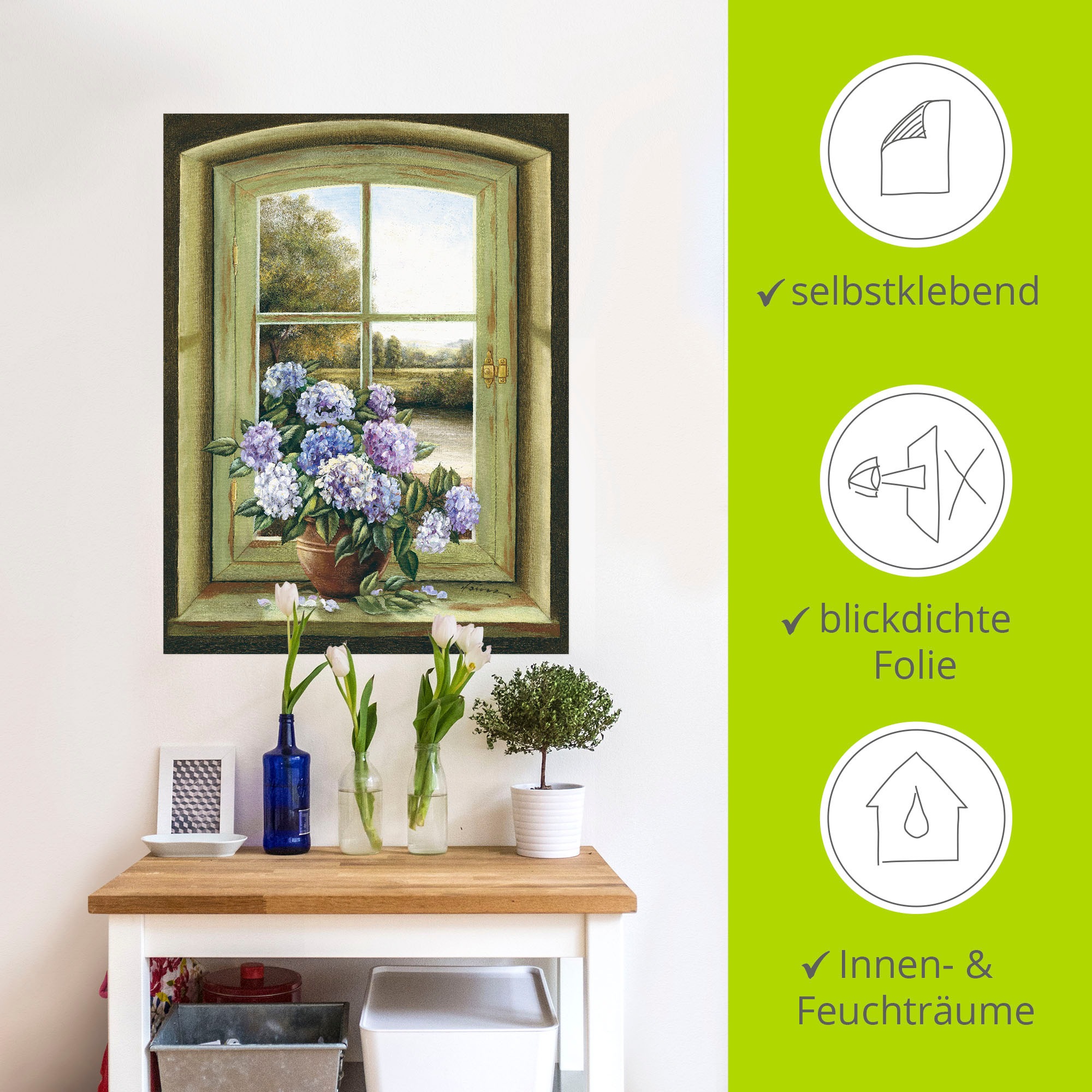 Artland Wandbild »Hortensien am Fenster«, Arrangements, (1 St.), als Alubild, Outdoorbild, Leinwandbild, Poster, Wandaufkleber