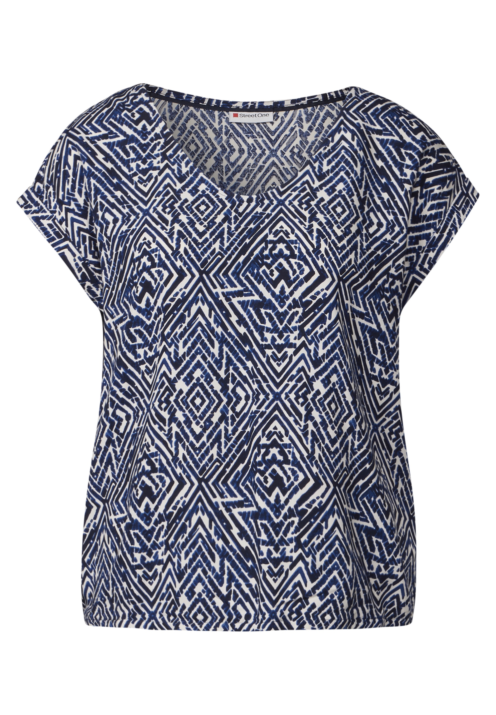 Kurzarmbluse STREET ONE, Damen, Gr. 34, blau (tiefblau), Stoff, 100% Viskose, gemustert, klassisch normal, V-Ausschnitt, Bündchen, Blusen, mit Elastiksaum 3